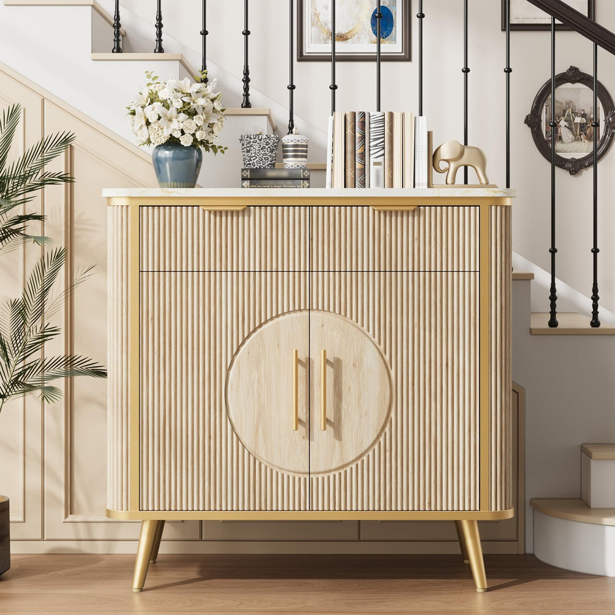 35" Modern Sideboard Buffet with Storage, Kitchen Storage Cabinet with Adjustable Shelves & 2 Drawers, Accent Fluted Coffee Bar Cabinet with door for Kitchen, Dining Room, Living Room, Nature Oak
