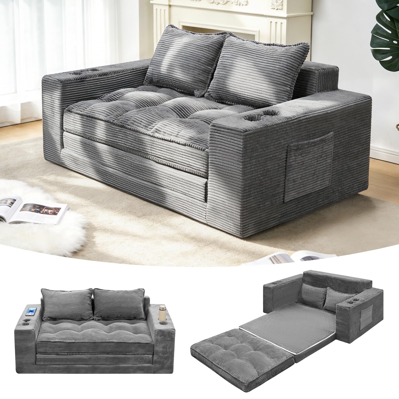 Convertible Loveseat Sofa Bed with Cup Holders