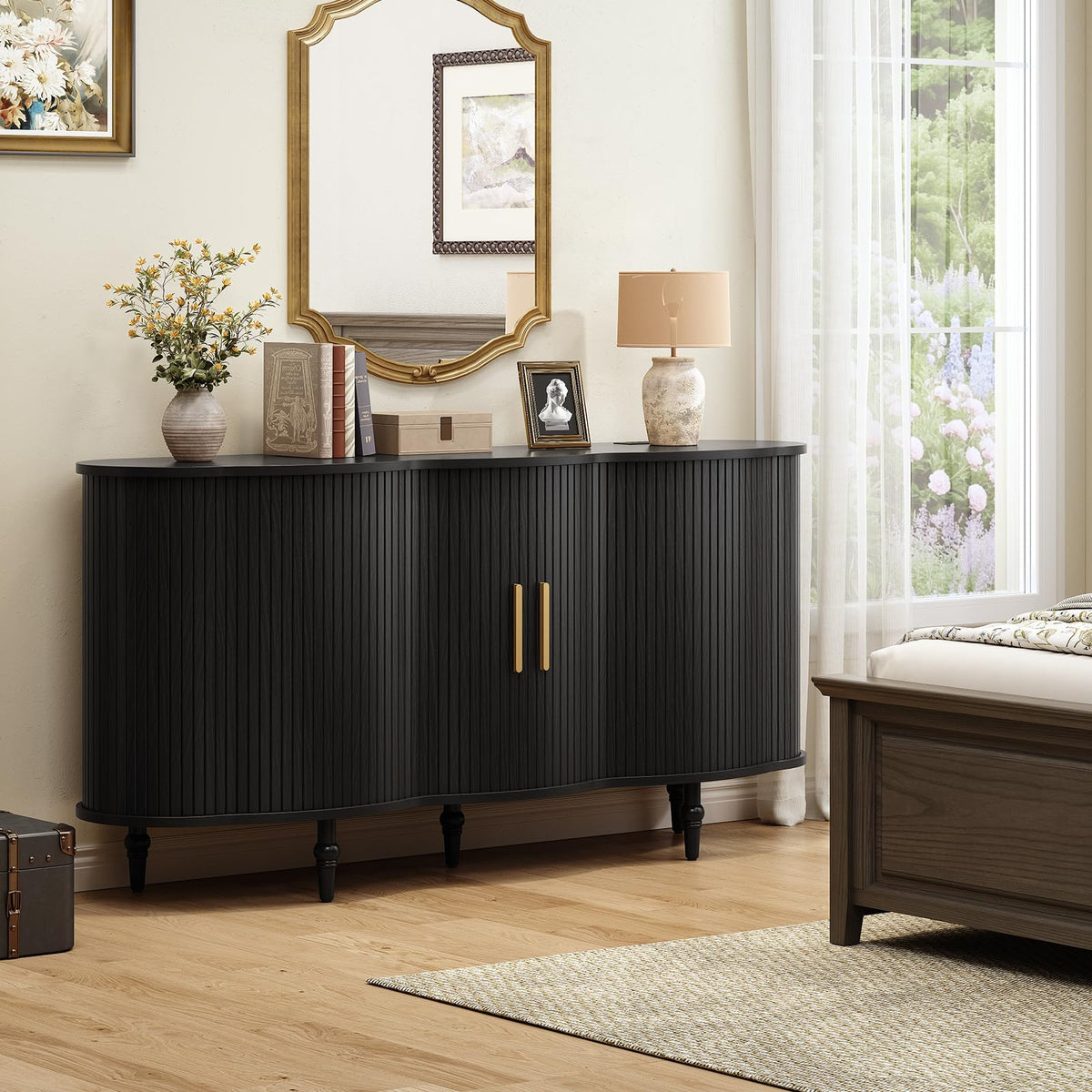 ONBRILL 63" Fluted Sideboard Buffet Cabinet with Storage (Black)