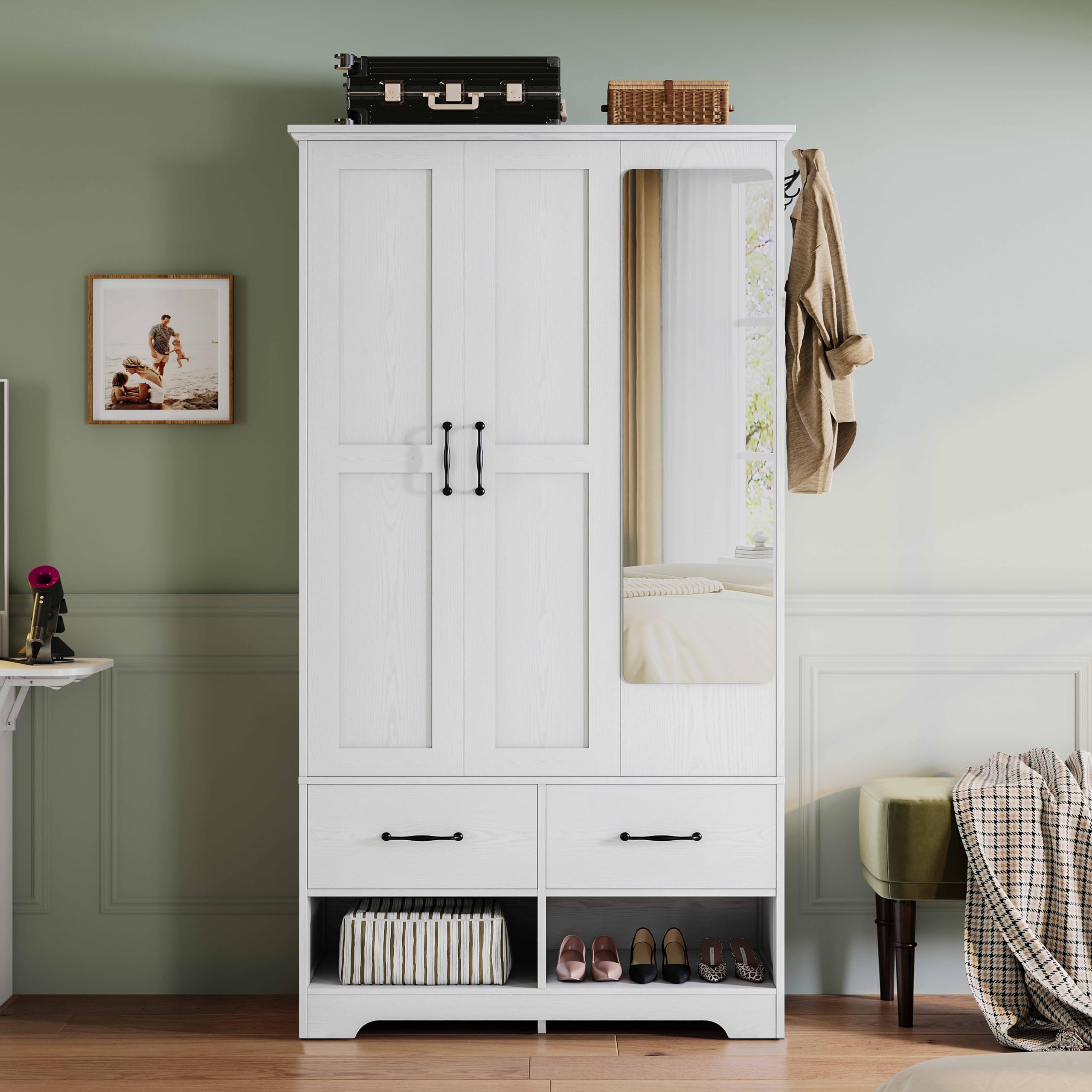 LIKIMIO 3 Doors Armoire Wardrobe Closet with Mirror, 2 Shoe Racks, 70" H Wooden Bedroom Armoires with 2 Drawers and Adjustable Shelves, Freestanding Closet Storage Cabinet with Hanging Rail, White