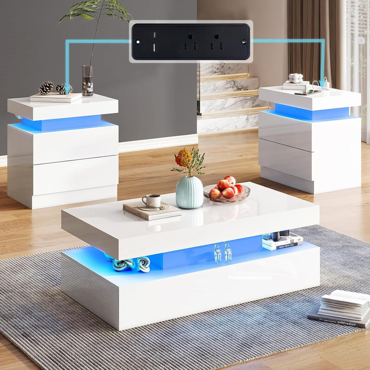 AMERLIFE 3-Piece High Gloss Coffee Table Set with LED Lights