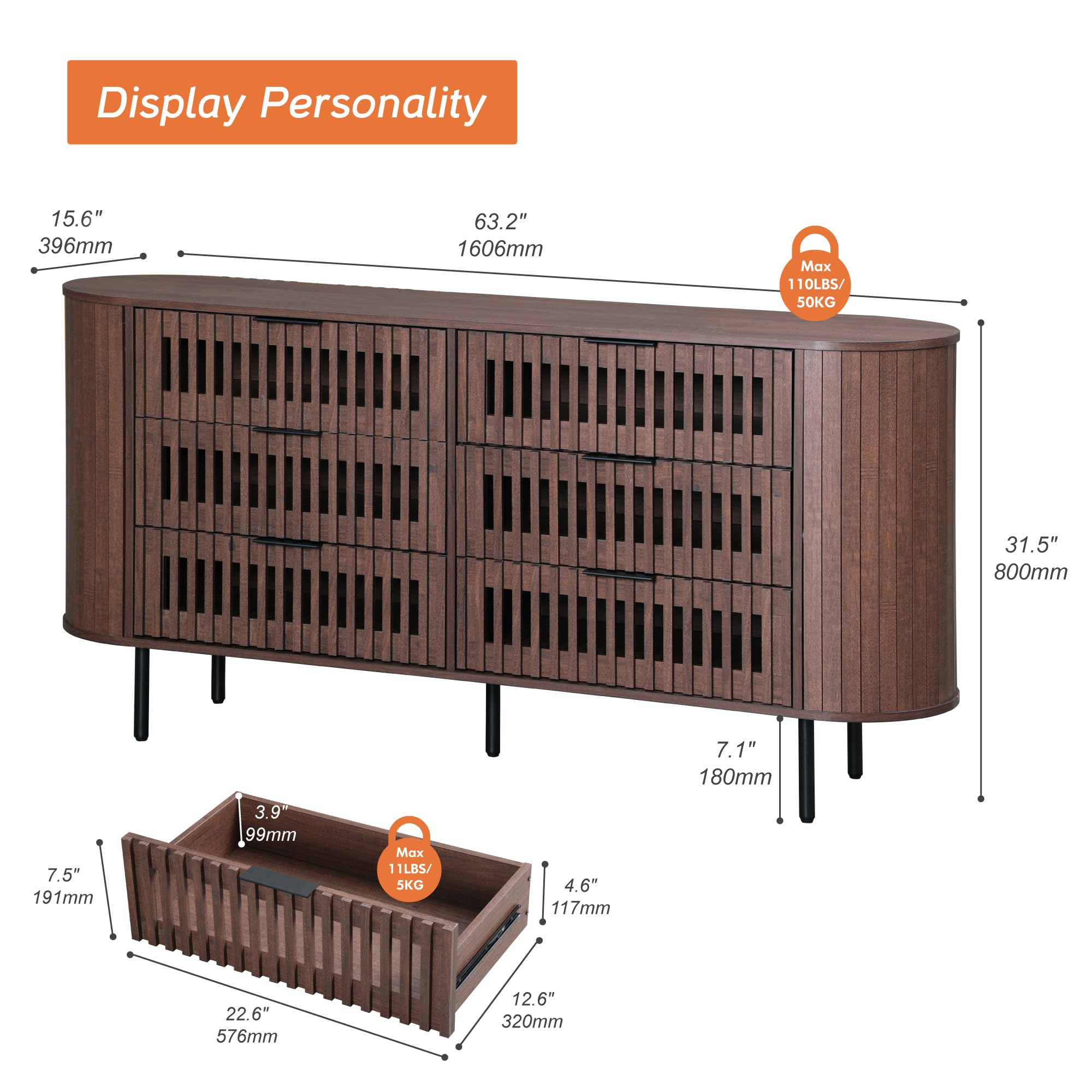 6-Drawer Fluted Dresser with Curved Design