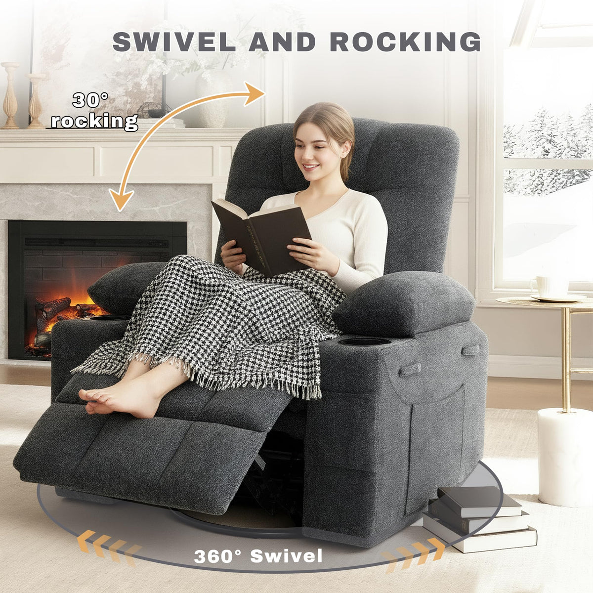 GAOHAPY Swivel Rocker Recliner Chair,Recliner Single Sofa with Cup Holders, Manual Nursery Rocking Chair with Side Pockets, Modern Recliner for Living Room,Apartment,Home Theater(Dark Gray)