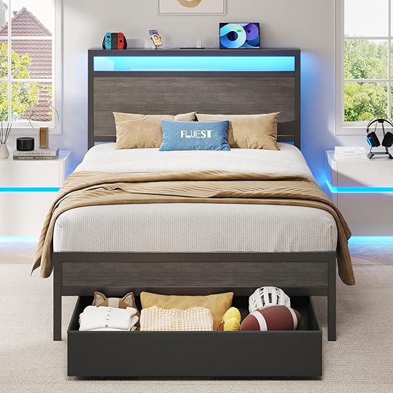 Twin Bed Frame with Storage Headboard, LED Lights & Charging Station