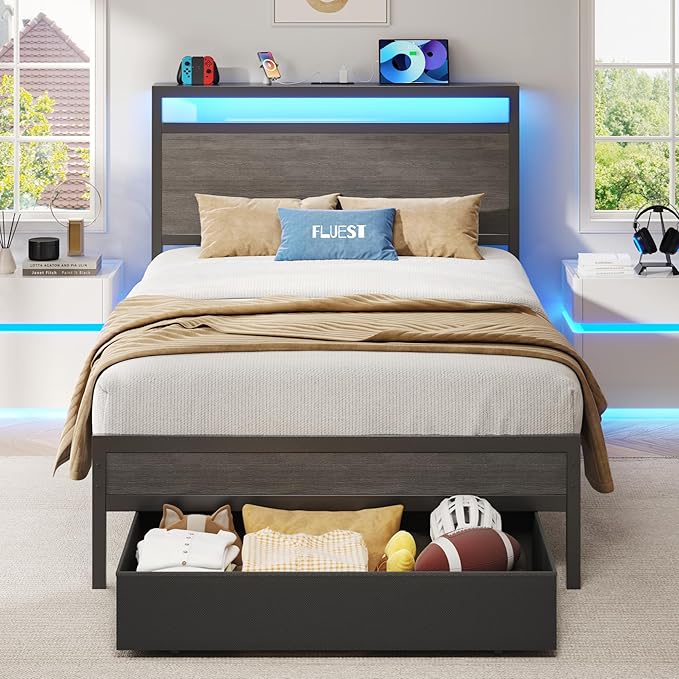 Queen Bed Frame with Storage Headboard & LED Lights