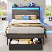 Metal Bed Frame with Storage Headboard, LED Lights & Charging Station