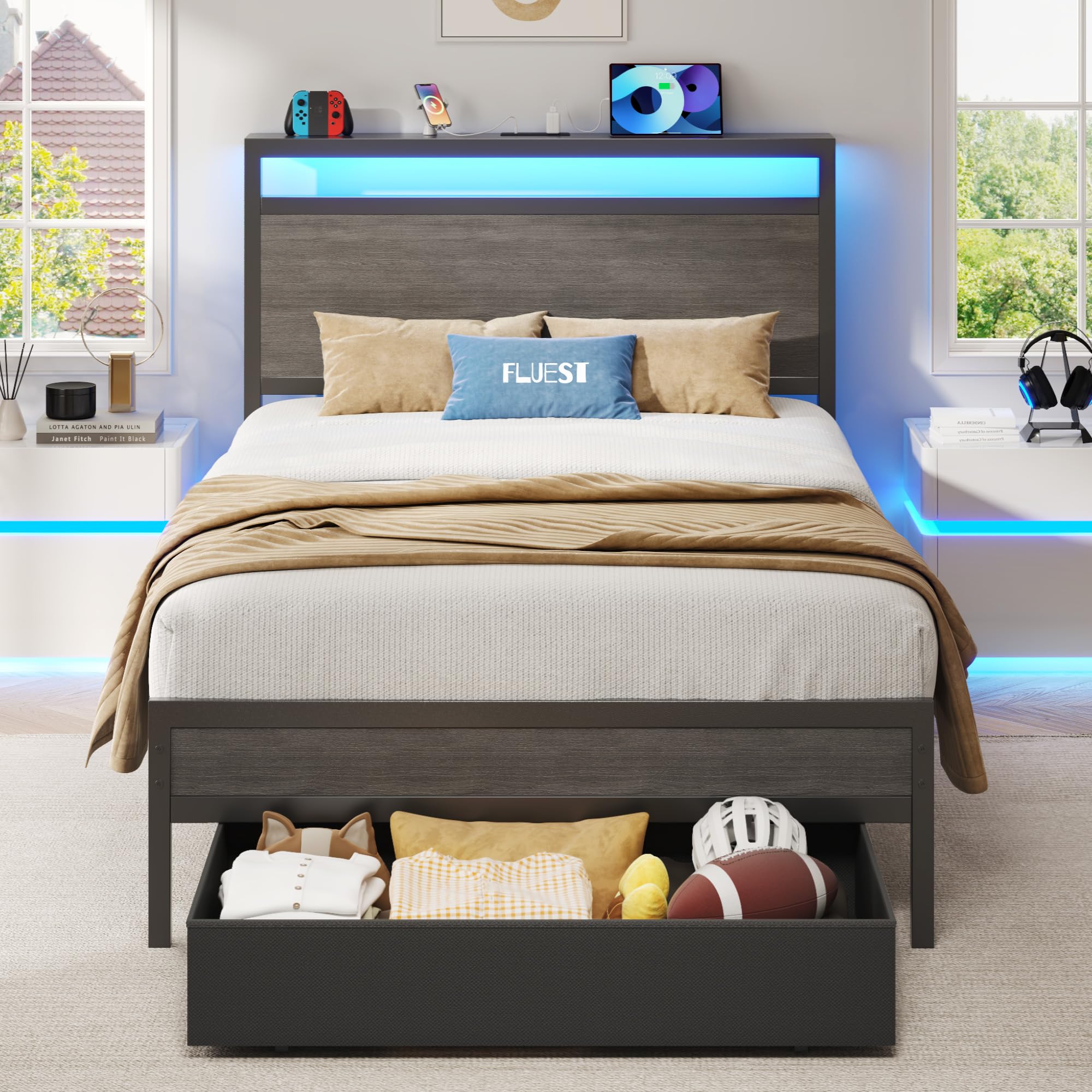 Fluest Twin Bed Frame,Twin Bed Frame with Storage Headboard & Storage Drawer, Charging Station & LED Light, No Box Spring Needed, Noise Free, Easy Assembly, Rustic Grey