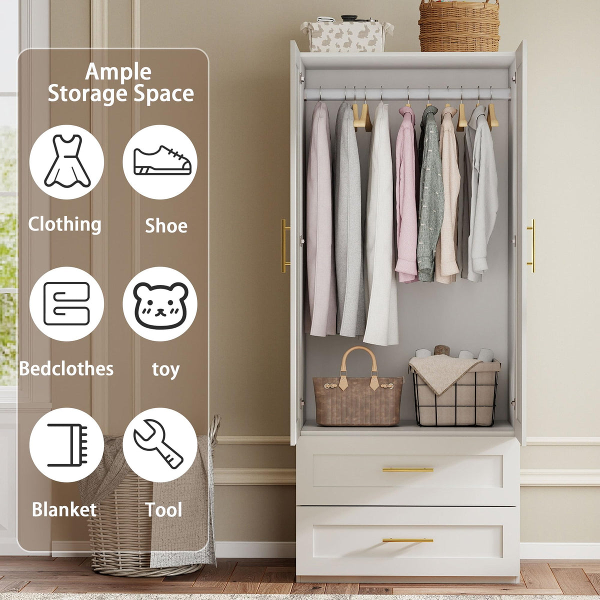 White Wardrobe Armoire with 2 Drawers