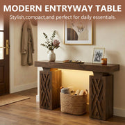 Foxemart 63-Inch Modern Console Table with LED & Outlet, Farmhouse Entryway Table with Geometric Base, Solid Wood-Grain Sofa Table Behind Couch, Narrow Accent Table for Hallway, Cracked Oak