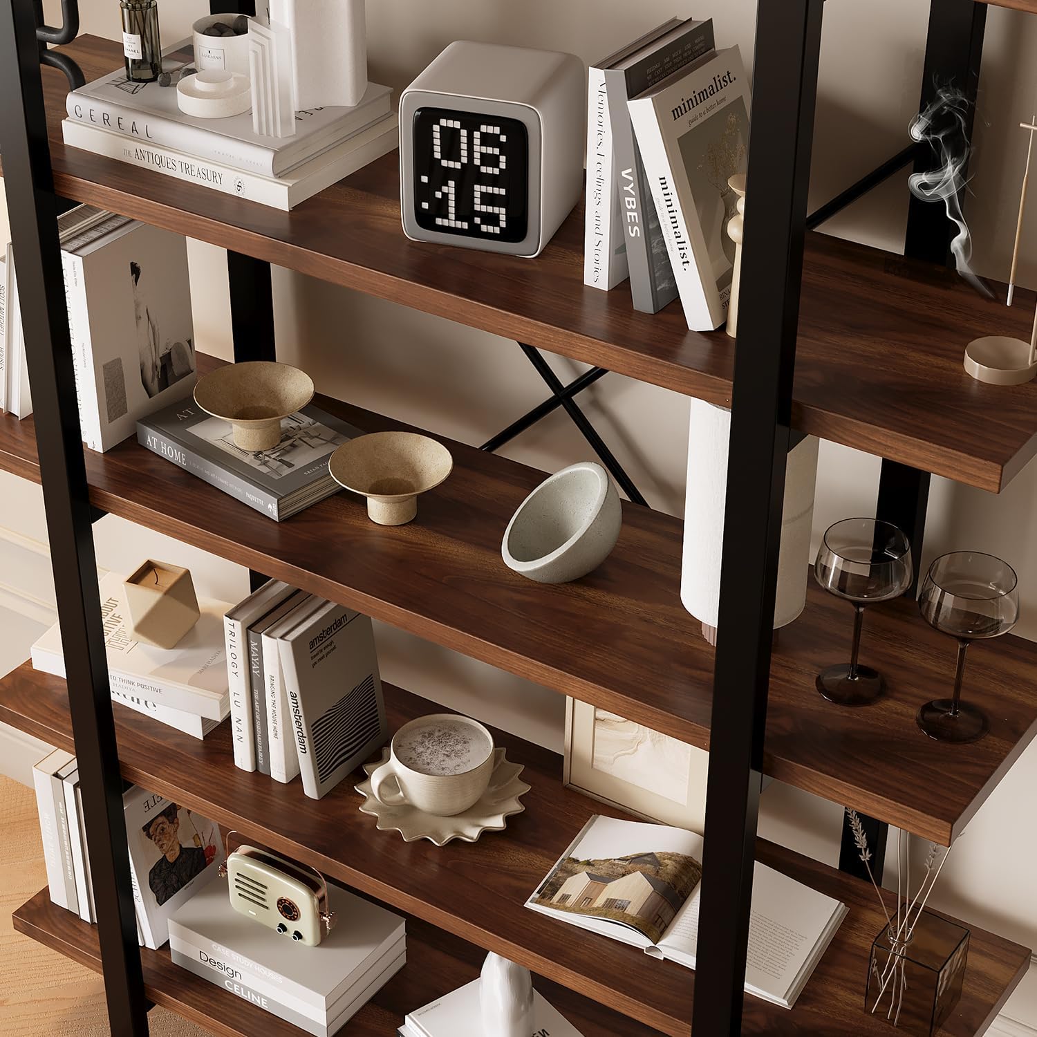 Industrial 6-Tier Bookshelf with Metal Frame