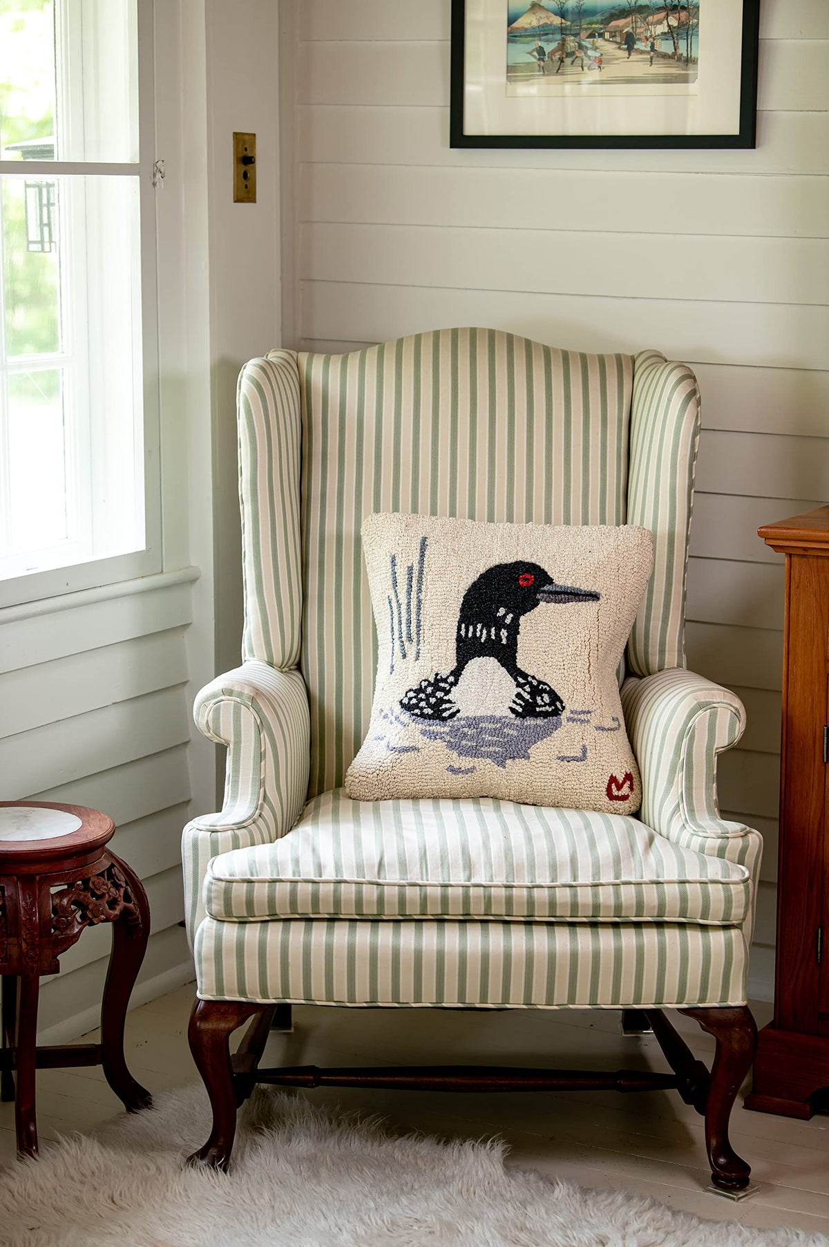 Hand-Hooked Wool Loon Throw Pillow