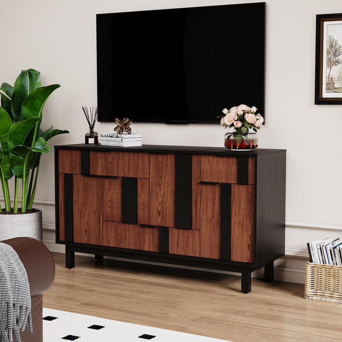 ZOSQUARE 54 Inch Wide Sideboard Buffet Cabinet with Storage, Walnut