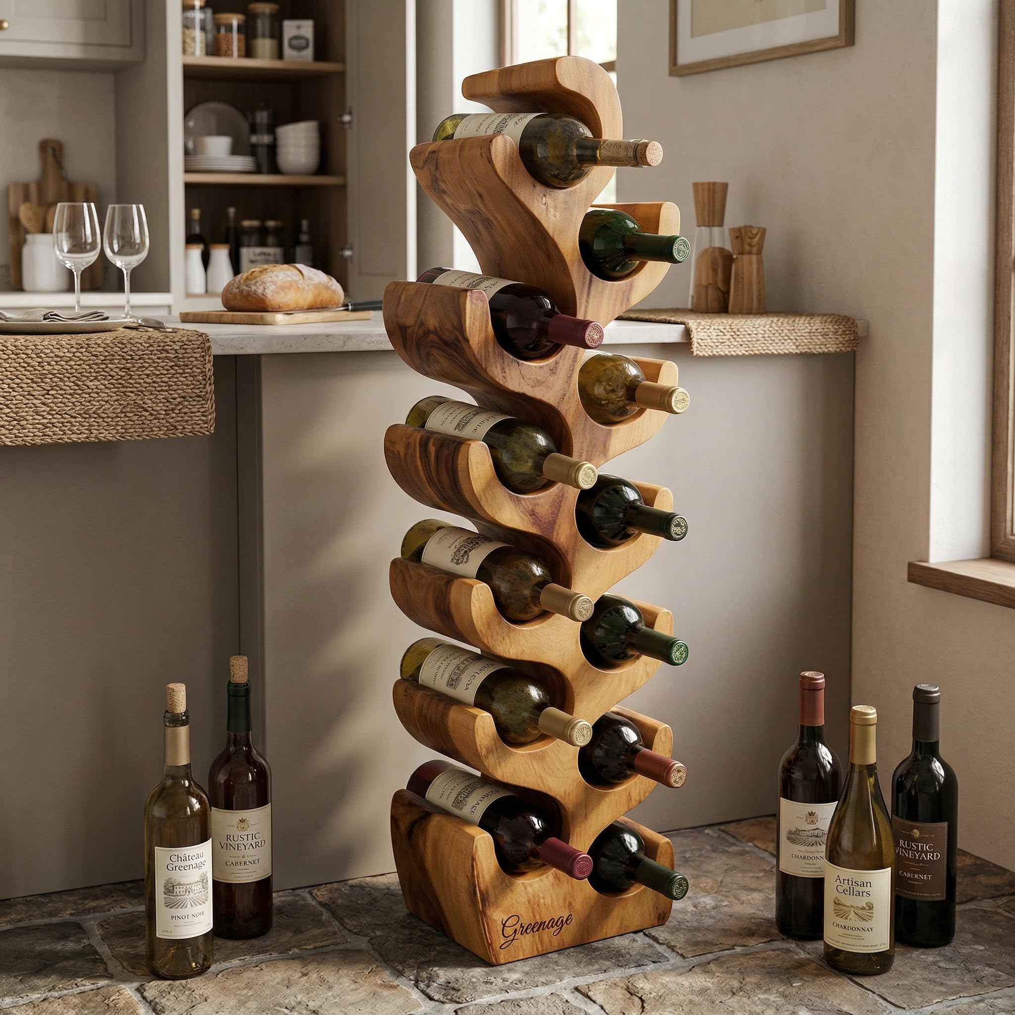 Greenage 12-Bottle Wine Rack Floor Standing, 10.2" Wide Narrow Solid Wood Wine Holder for Small Spaces, Rustic Acacia Tall Wine Shelf for Kitchen, Pantry, Bar, Home Decor, Natural Tan