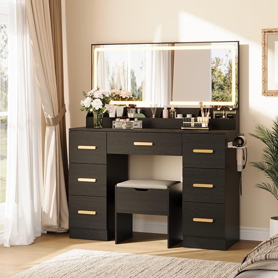 Vanity Desk with Mirror, Lights & Power Outlet – 8 Drawers