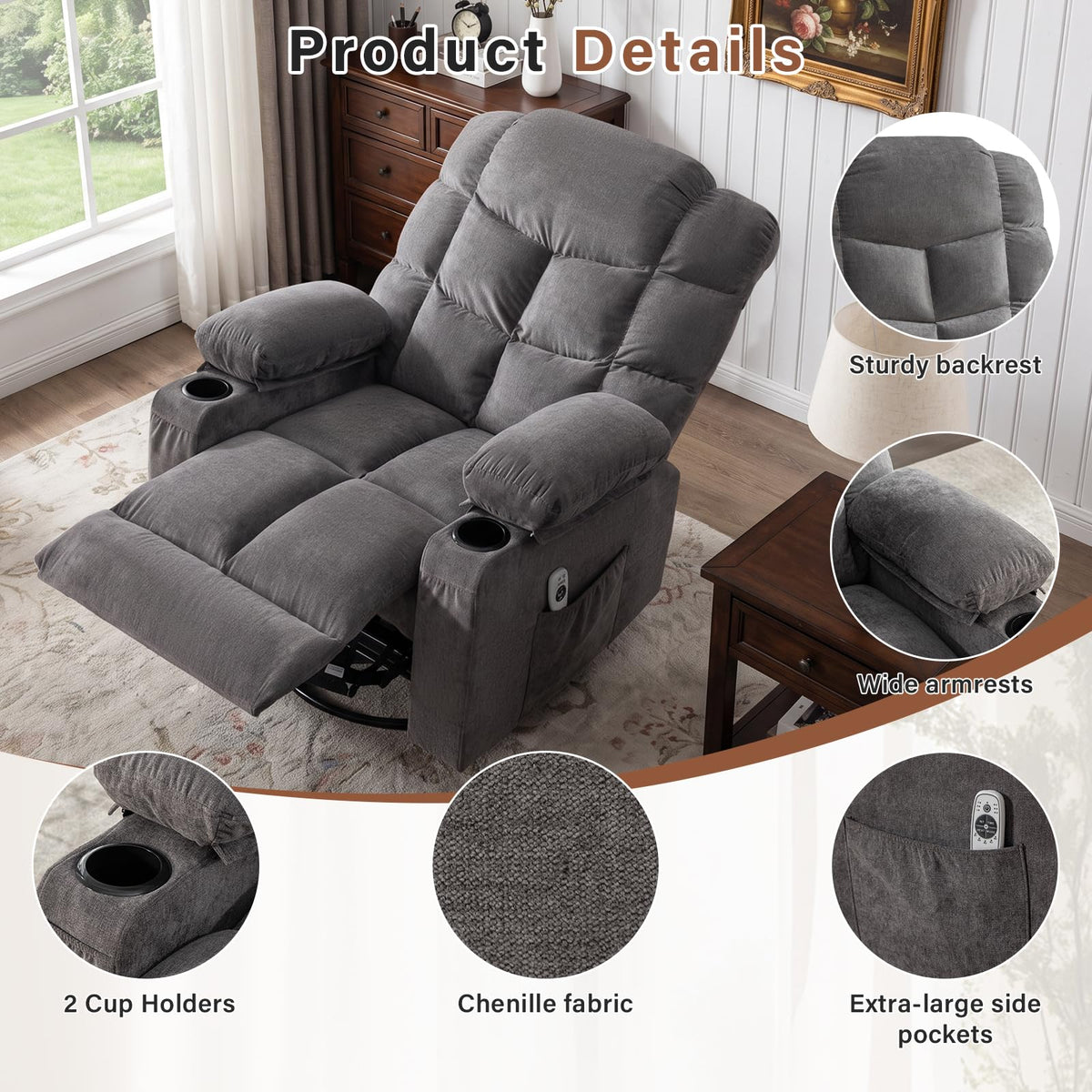 Oversized Swivel Rocker Recliner Chair with Massage and Heat for Adults