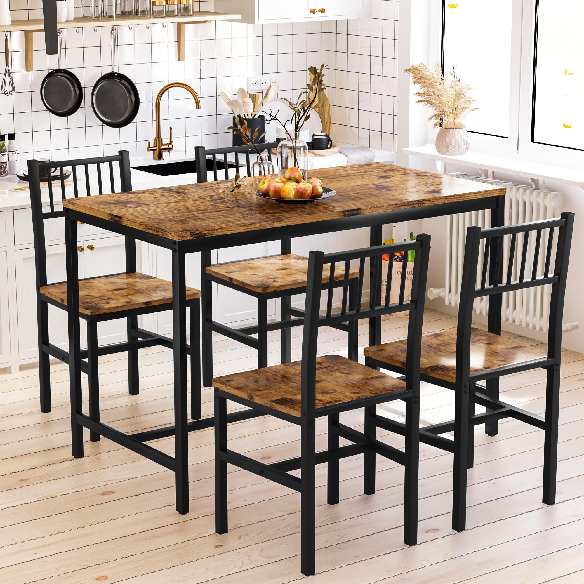 AWQM 5 Pieces Dining Table Set, Industrial Dining Table and Chairs for 4, Metal Frame with Wood Top, Kitchen Table Set for Dining Room, Breakfast Nook, Small Space, Rustic Brown