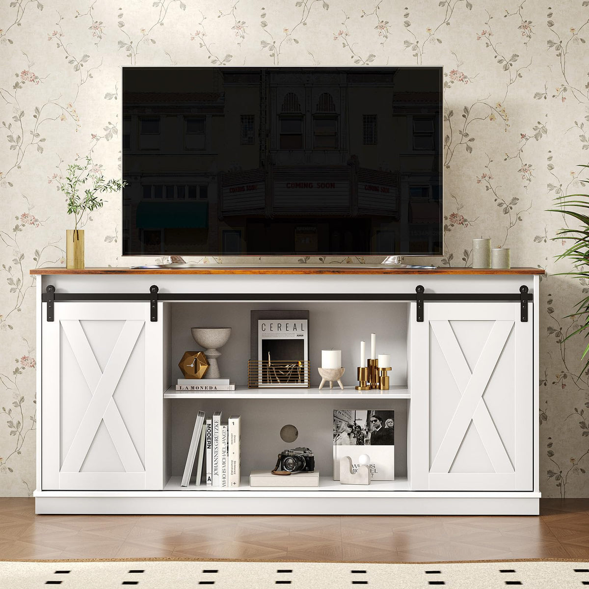 HAPPYMONT Farmhouse TV Stand for 65 Inch TV, Media Console, Milk White