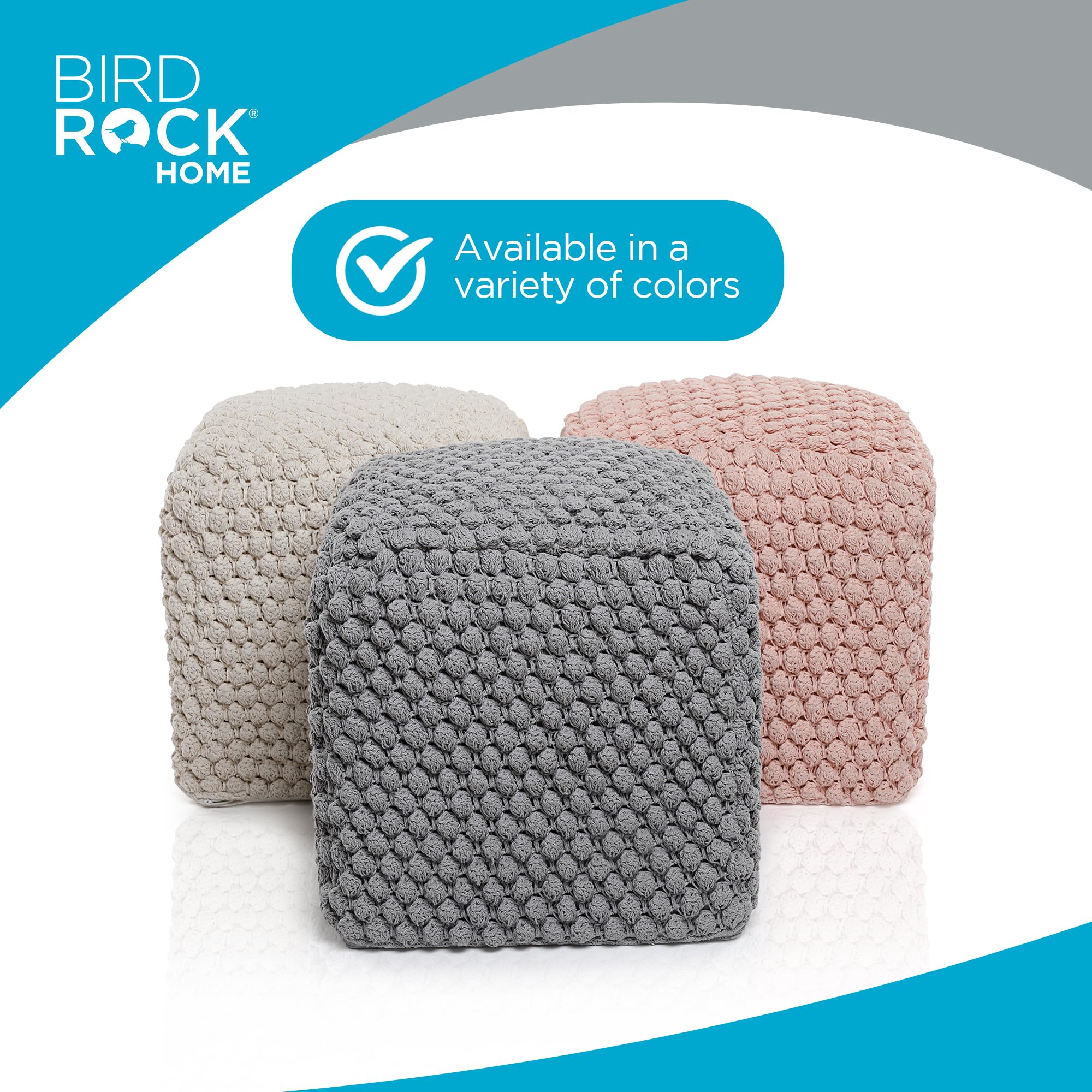 BIRDROCK HOME Square Pouf Ottoman Foot Rest - 18” Compact Comfortable Soft Cotton Knit Bean Bag Floor - Chair Foot Stool Seat for Living Room, Bedroom, Kids Room or Nursery (Grey Bud)
