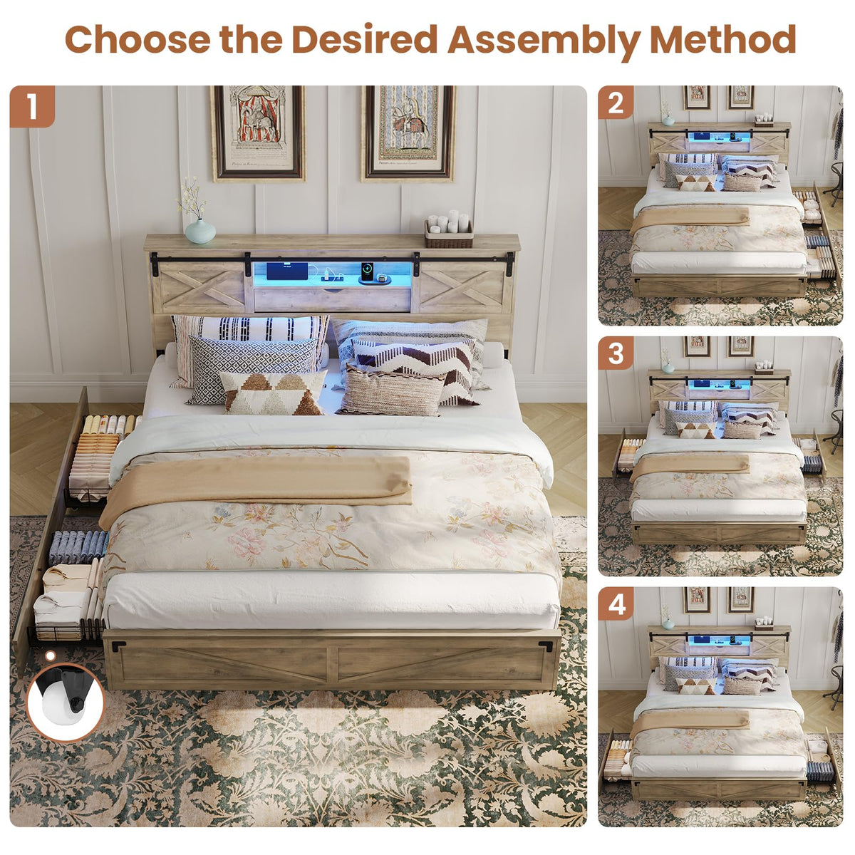 King Farmhouse Storage Bed with LED Lights