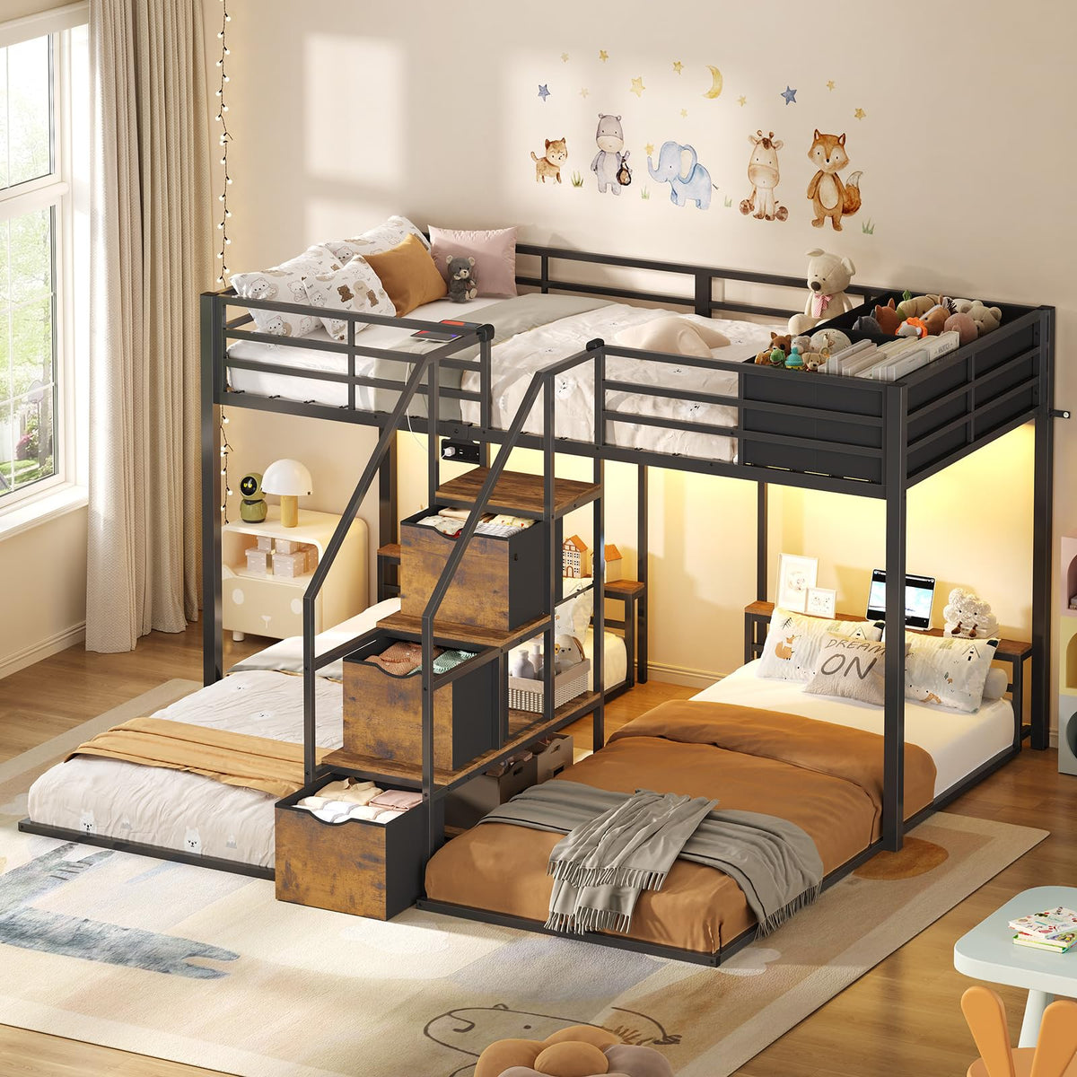 ADORNEVE Triple Bunk Bed Twin Over Twin with Storage Staircase, Black