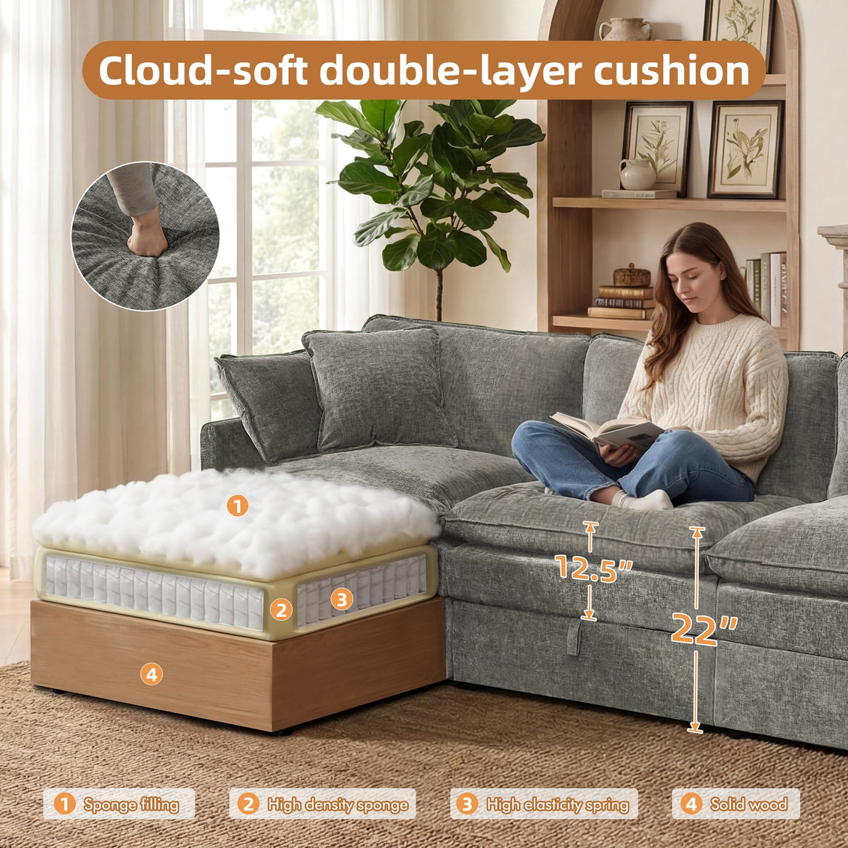 WorthFurni Modular Sectional Sofa with Storage Ottomans,103" U-Shaped Cloud Couch,Comfy Modern Couches with Pillows & Upholstered Deep Seat Cushion for Apartment Living Room Bedroom（Gray）