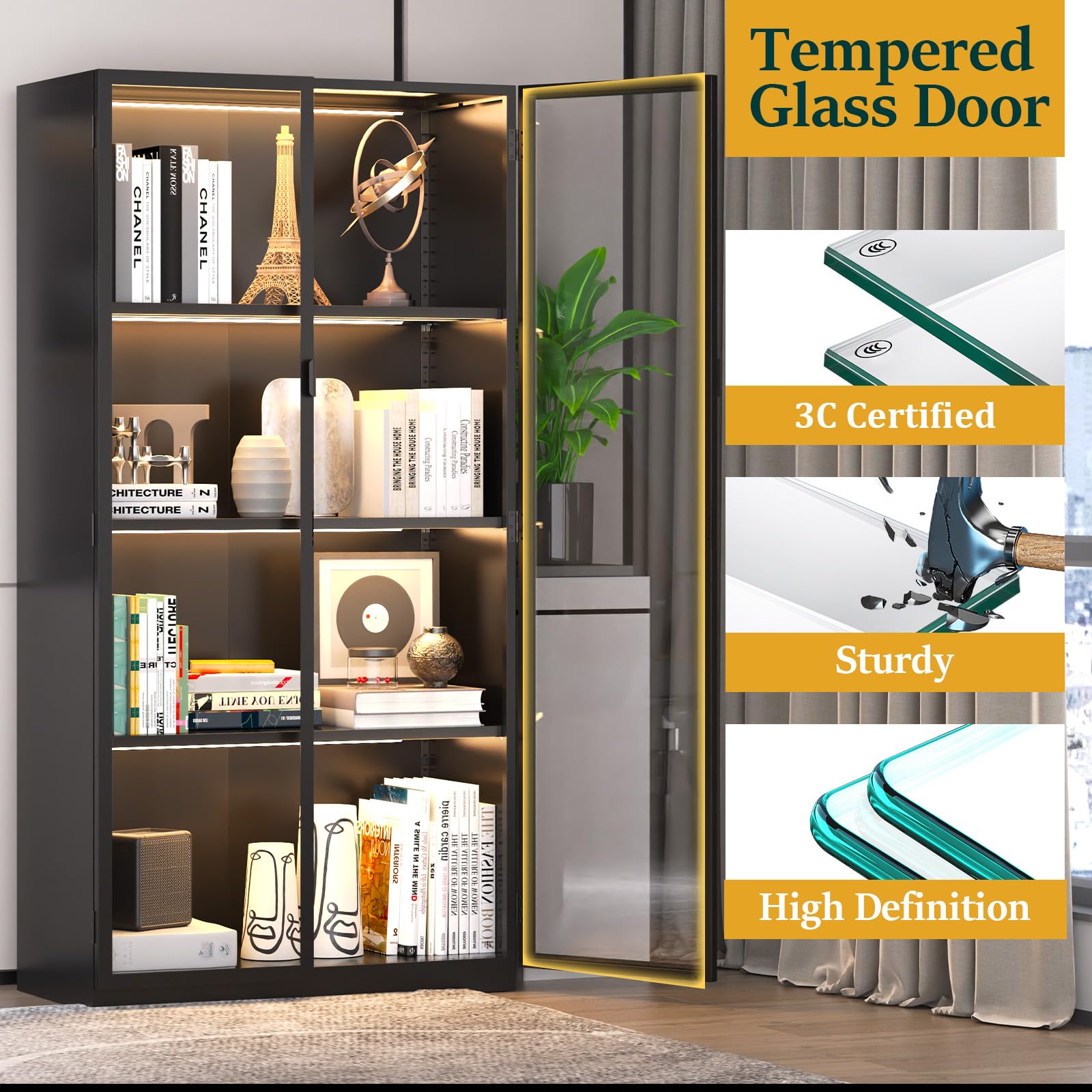 Glass Display Cabinet with LED Lights & Adjustable Shelves