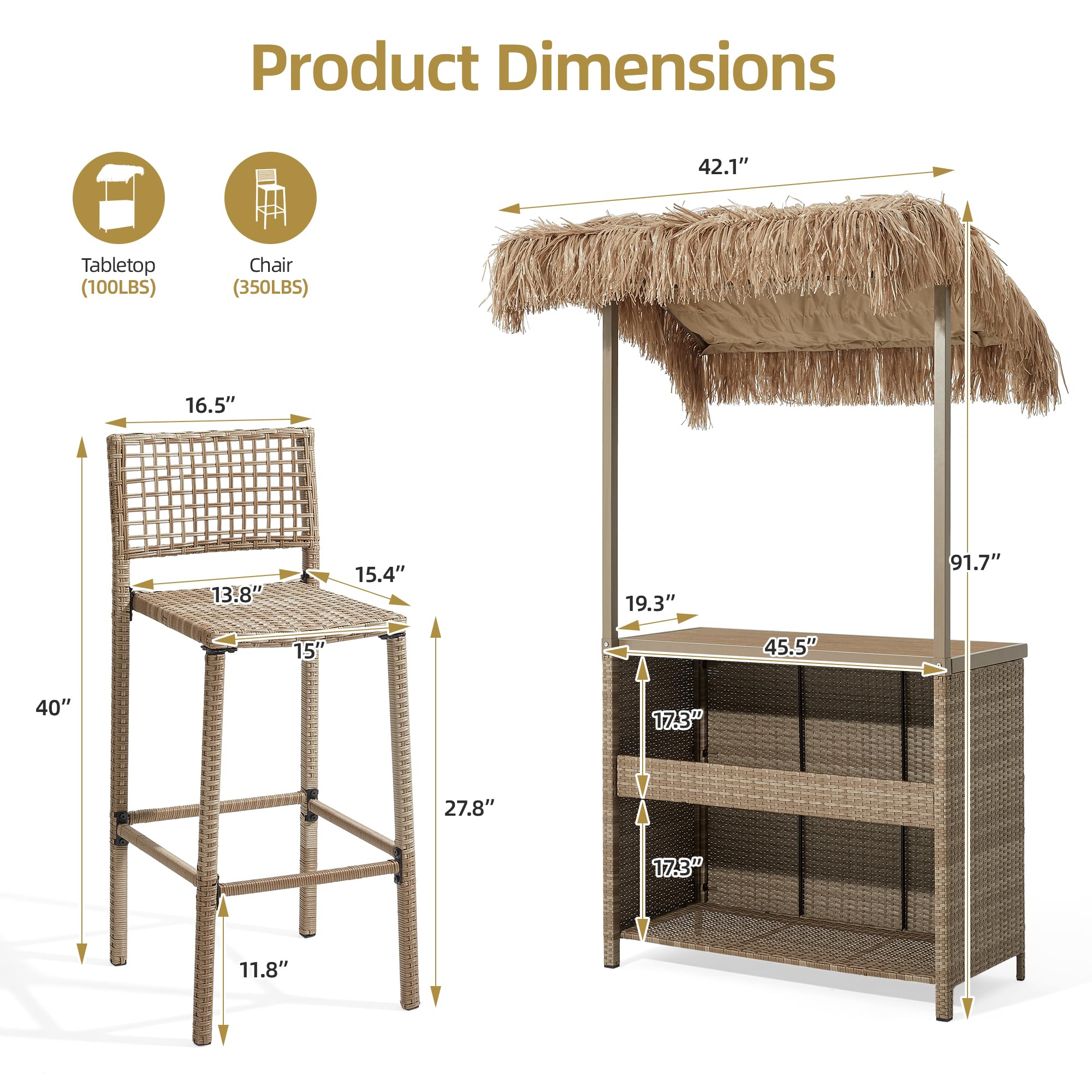 Mvpipi Outdoor Tiki Bar Set, 3 Pieces All-Weather Wicker Patio Bar Set with 2 Height Stools and Storage, Outdoor Bar Set for Outside Patio, Garden, Backyard,Yellow