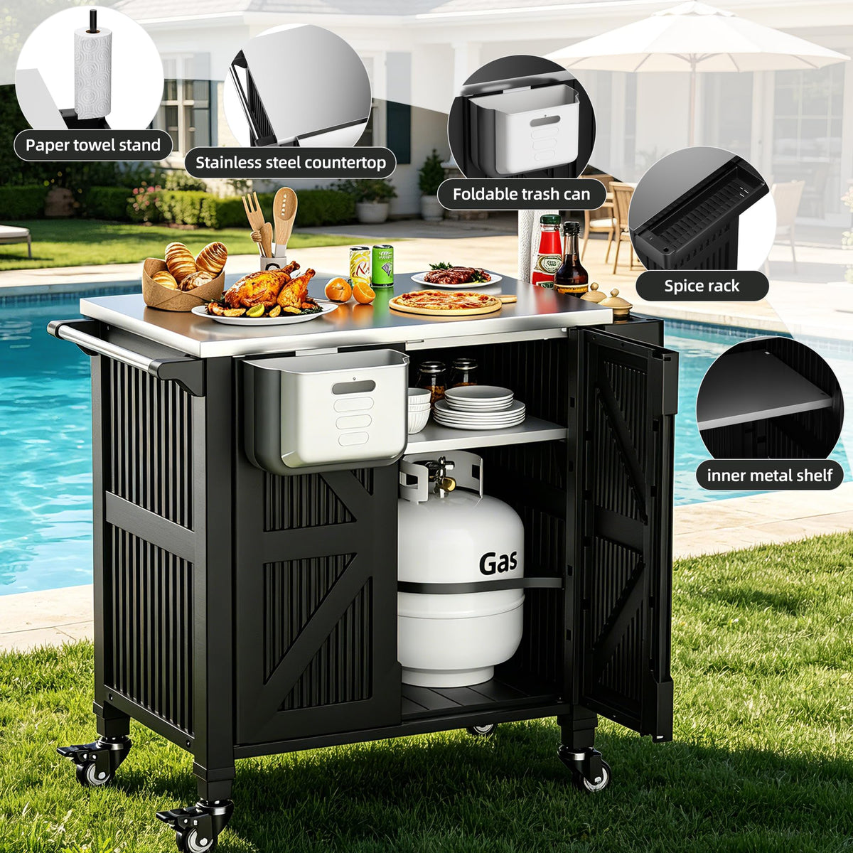 Outdoor Rolling BBQ Prep Cart