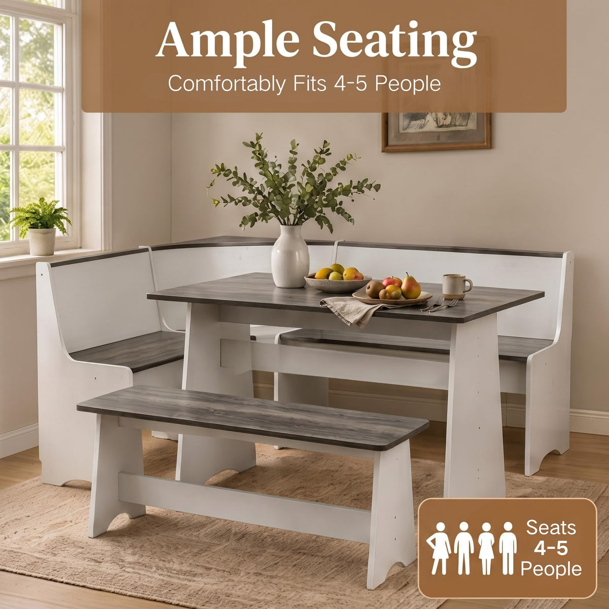 Dekoryn Corner Breakfast Nook Table Set, White and Grey