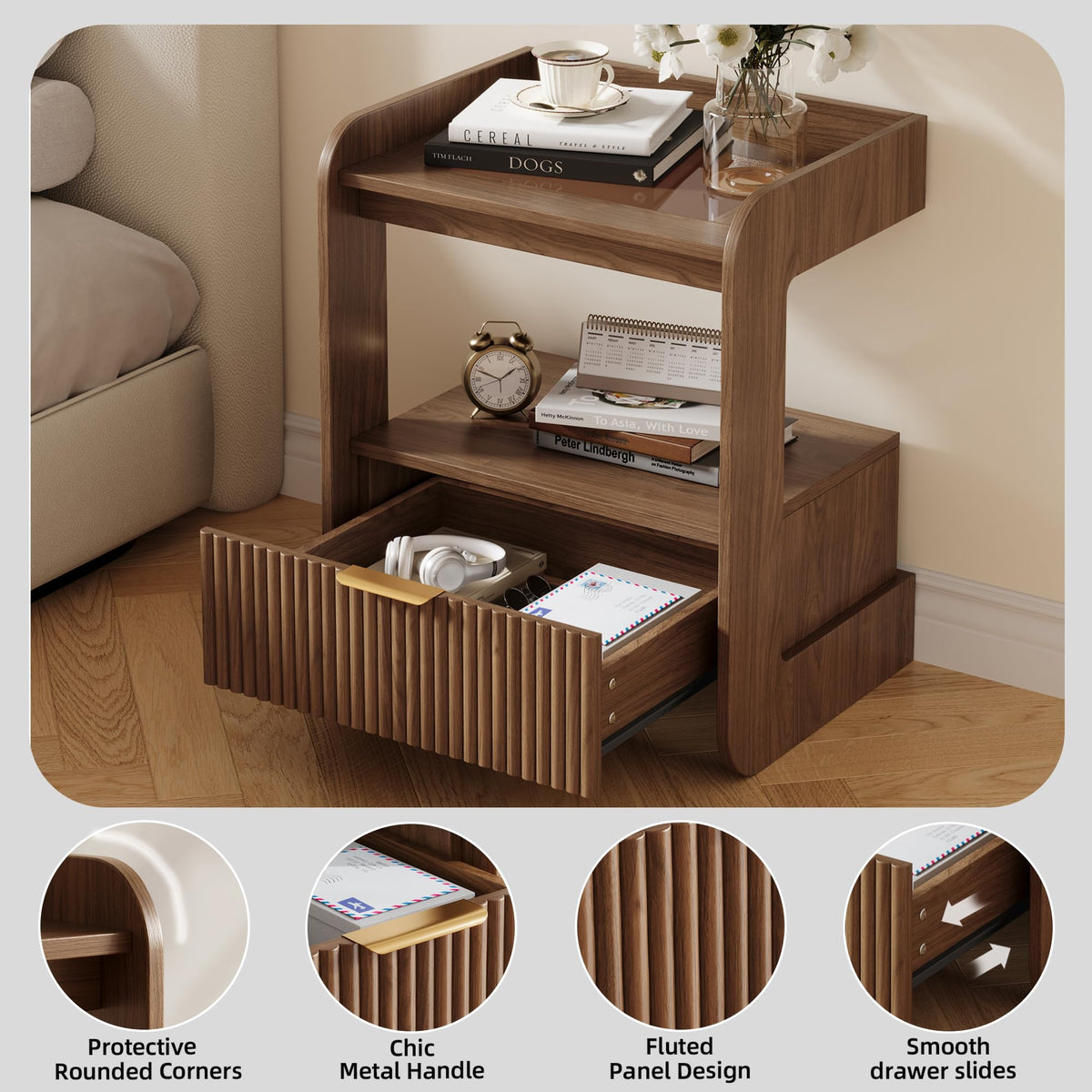 Fluted Nightstands Set of 2, Mid Century Modern Night Stand with Drawer and Open Shelf, Amber Glass Top Wood Bedside End Tables for Bedroom and Living Room