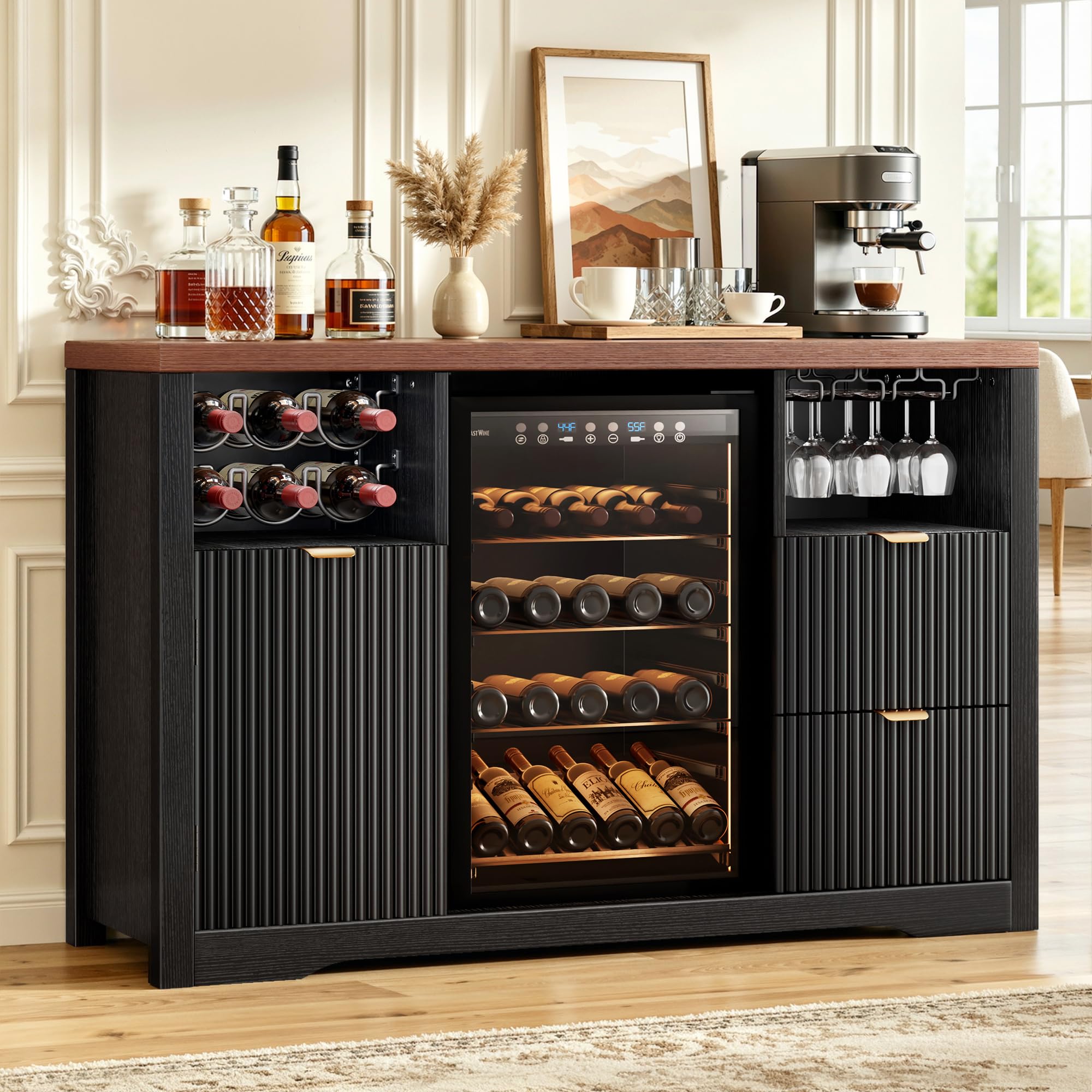 Coffee Bar Cabinet with Fridge Space, 53" L Wine Cabinets with Storage Drawer, Wood Buffet Sideboard Table, Fluted Liquor Cabinet with Wine Rack for Home, Living Room,20"D x 53.1"W x 39.4"H-Black