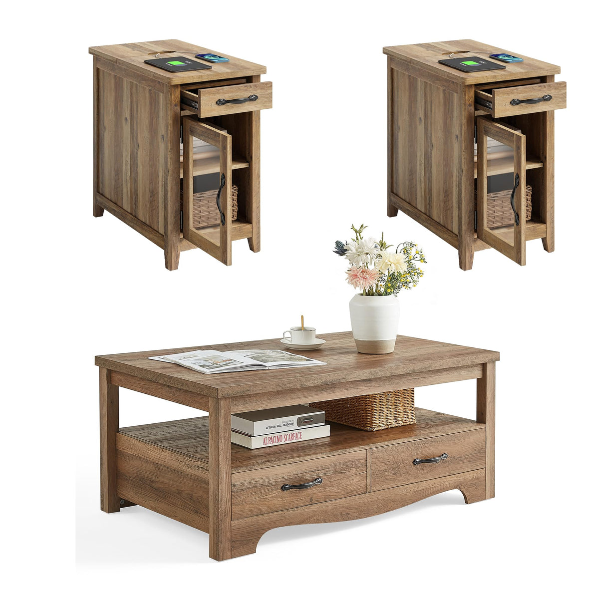 LINSY HOME Farmhouse Coffee Table Sets 3 Pieces, Wood Living Room Table Set Include 41" Coffee Table, End Table Set of 2, Brown