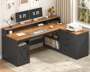 61" Farmhouse L Shaped Desk with Drawers ＆ Storage Shelves for Home Office