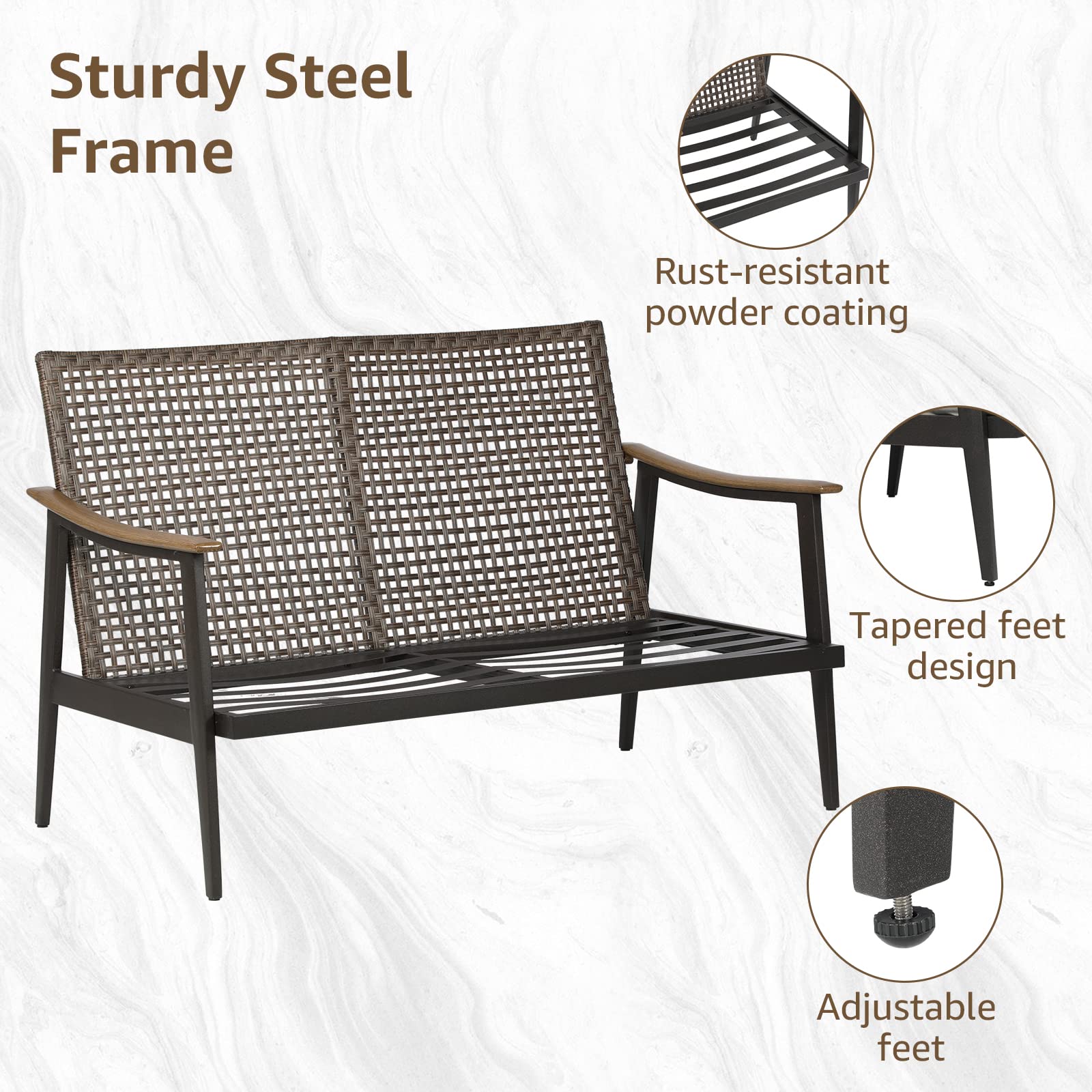 Patio Loveseat Sofa with Wicker Backrest & 6" Cushion