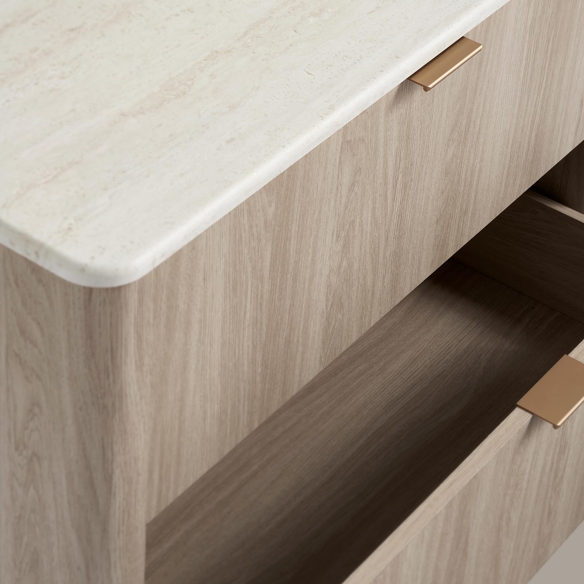 ModernMate 3 Drawer Dresser with Curved Profile & Faux Travertine Texture, 31.5" Large Nightstand Anti-Tip Chest of Drawers for Bedroom, Living Room, Wood Grain Gray
