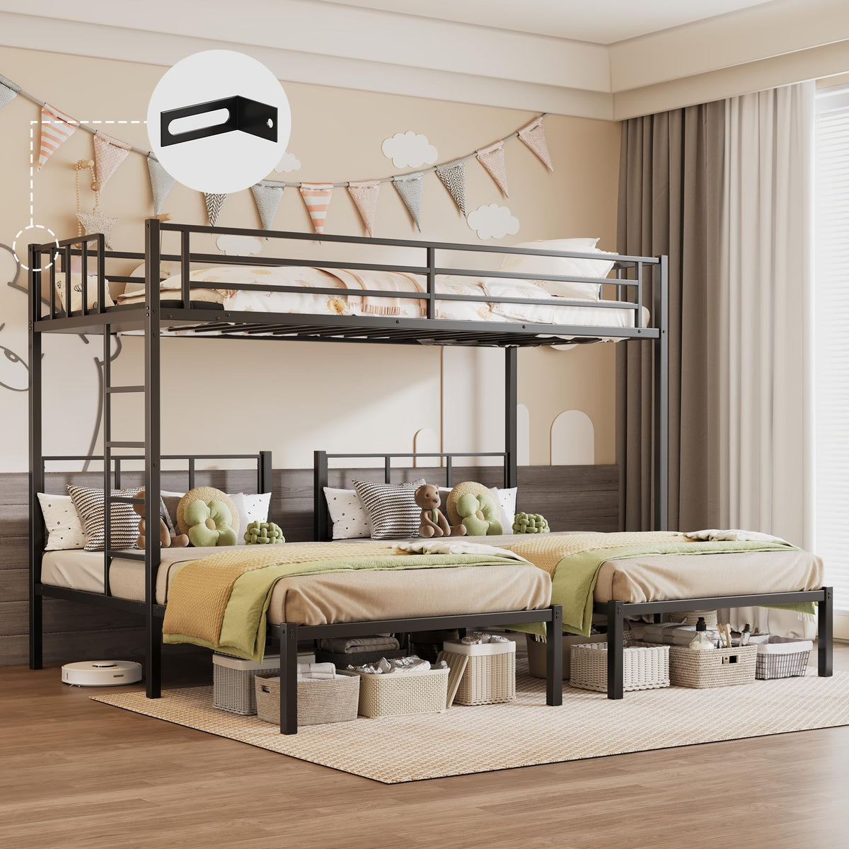 Metal Triple Bunk Bed with Charging Station