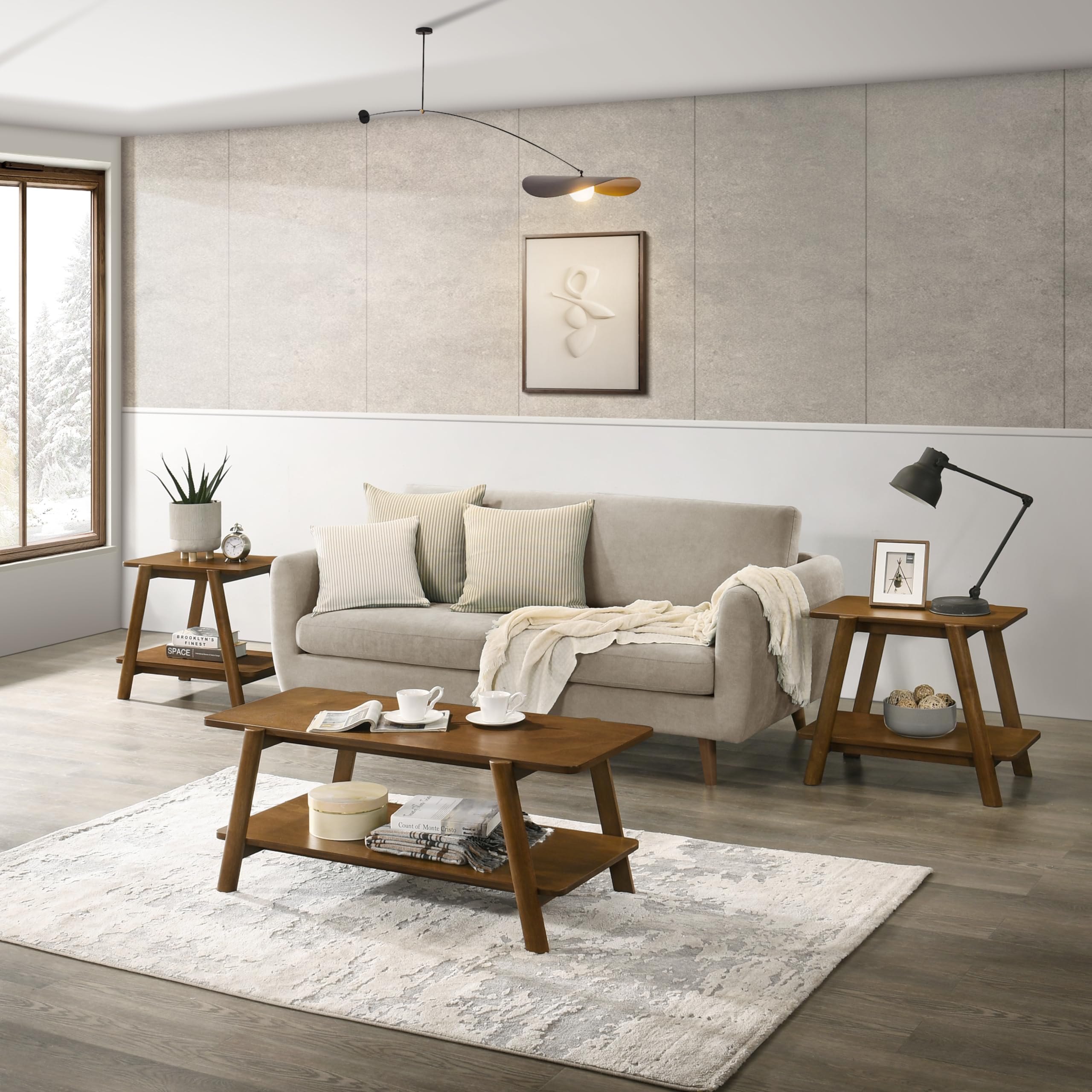 Roundhill Furniture Metz 3-Piece Coffee Table Set, Coffee Table and Two End Tables, Walnut Finish