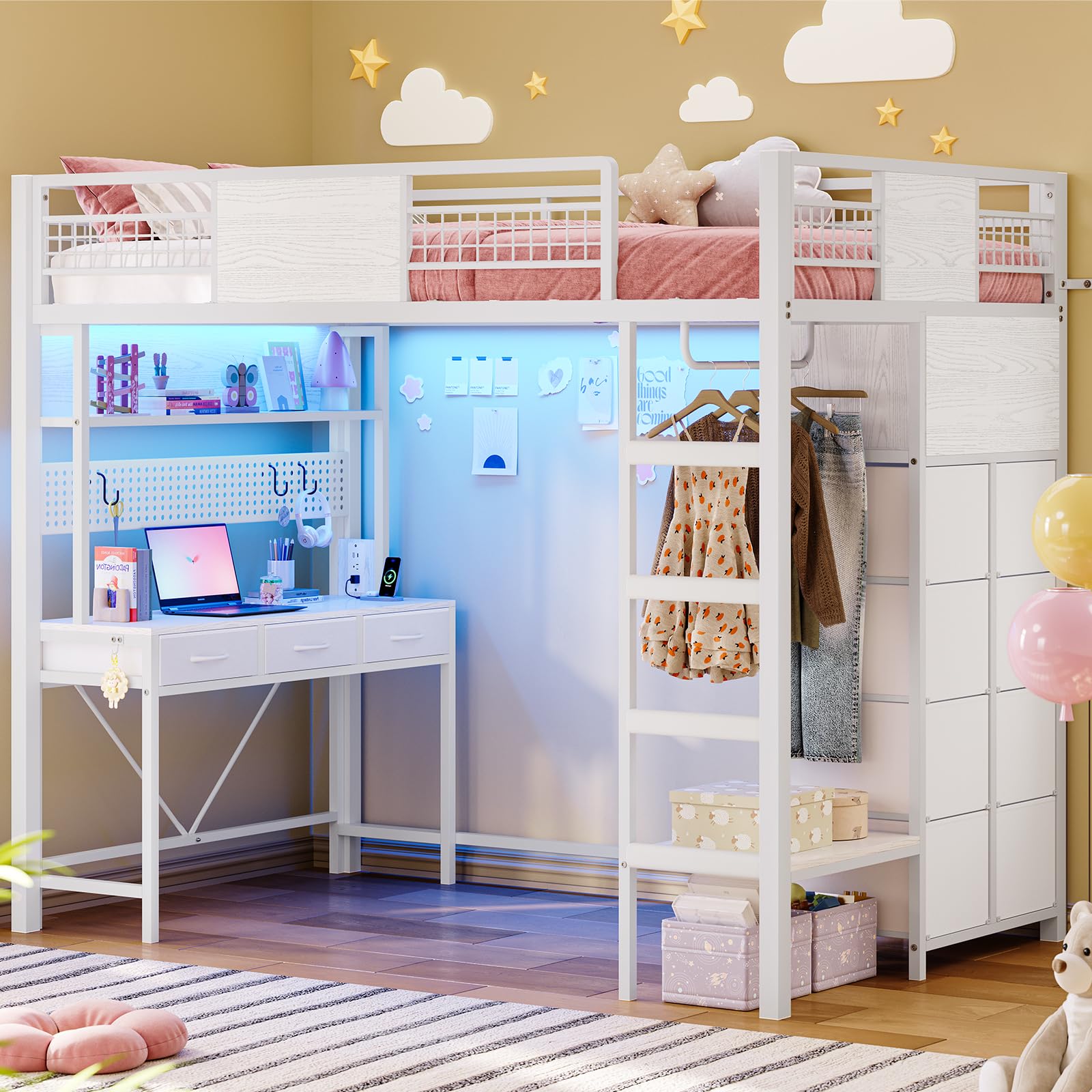 ADORNEVE Twin Size Loft Bed with Desk, 11 Storage Drawers & RGB LED Lights, Metal Loft Bed with Power Outlet, Shelves & Clothing Rack, 13.4" H Safety Guard & Paded Ladder, White