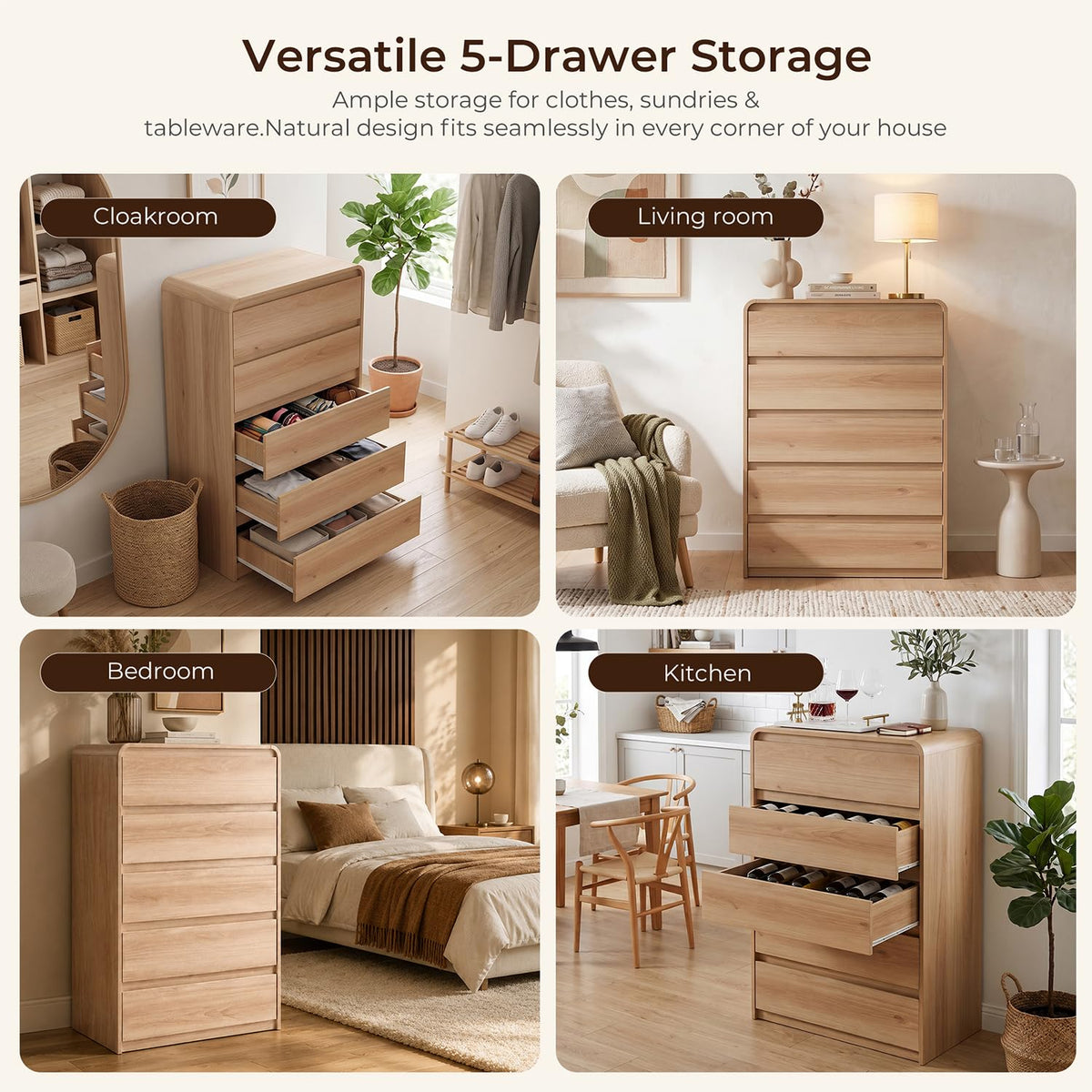 Madaha 5 Drawer Dresser for Bedroom,Curved Edge Design Modern Dressers & Chest of Drawers, Nursery Dresser Natural Oak