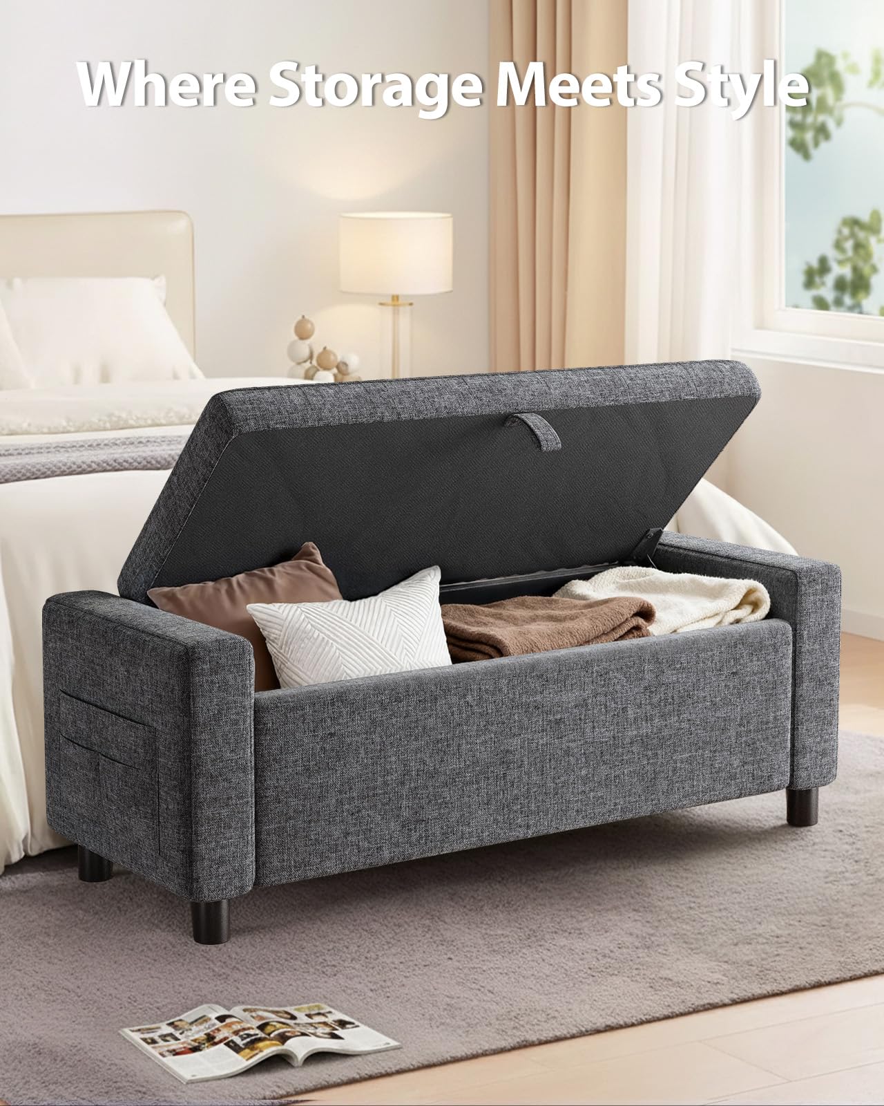 Amada 46" Ottoman with Storage,Storage Ottoman Bench with Safety Hinge, Hidden Compartment & Side Pocket, 400 lbs Weight Capacity, end of Bed/Entryway Bench for Bedroom/Living Room, Dark Gray