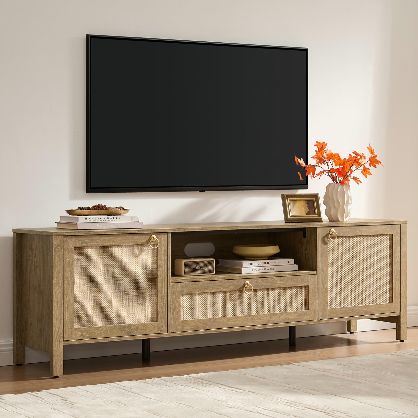 69" Rattan TV Stand with Drawer & Adjustable Shelves