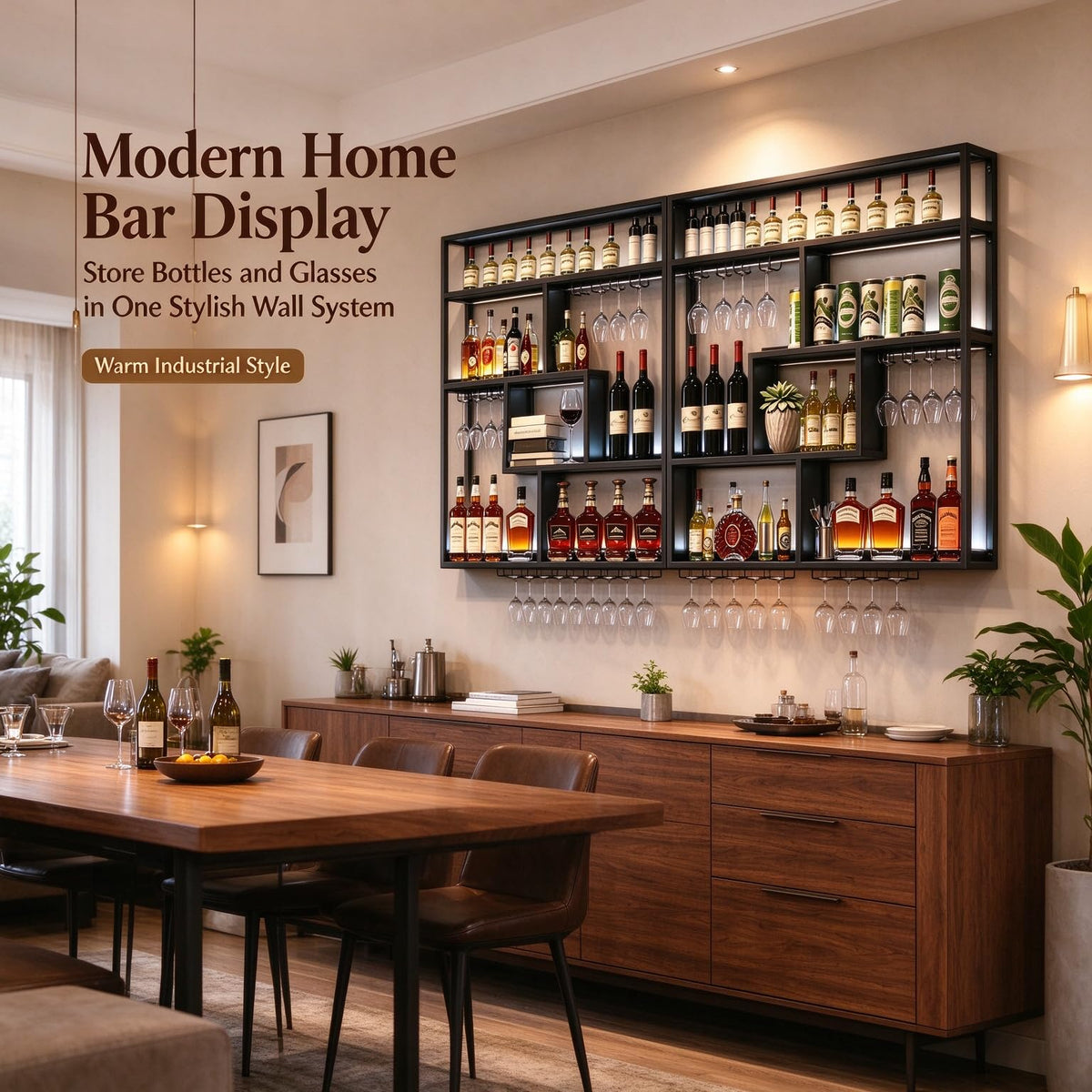 Gold Wall-Mounted Wine Rack with Glass Holder