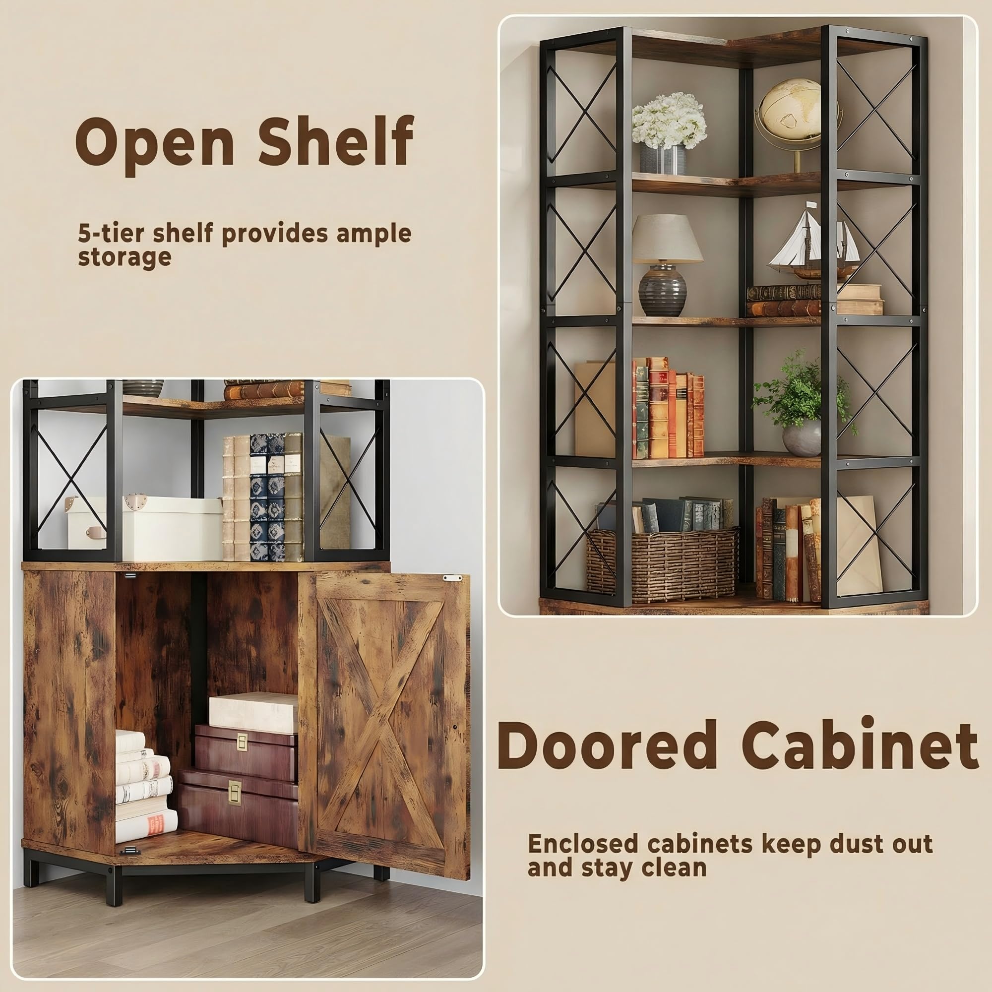 IRONCK Corner Bookshelf with 5-Tier Open Shelves, 77.9" Tall L-Shaped Bookcase with Enclosed Cabinet, Adjustable Feet, Anti-Tip Device, Walnut