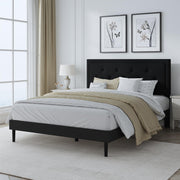 IOILORI Full Size Bed Frame with Upholstered Velvet Headboard, No Box Spring Needed, Button Tufting Design, Strong Wooden Slat, Black