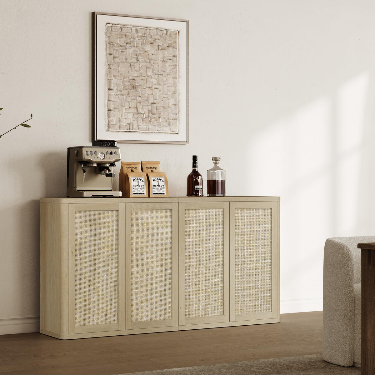 SICOTAS Rattan Buffet Sideboard Storage Cabinet - 64" Modular Boho Farmhouse Credenza Stand with Adjustable Shelves, Large Coffee Bar Console Cabinet for Living Room, Kitchen, Entryway (2 PCS)