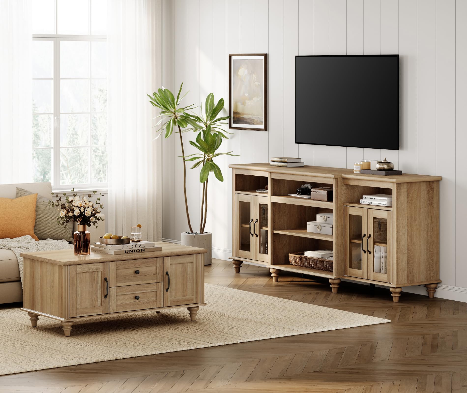 WAMPAT Farmhouse TV Stand and Coffee Table Set of 2, Wooden Television Stand for 75 Inch TV, Rectangle Center Tables with Storage Cabinet, 2 Piece Living Room Table Set, Oak
