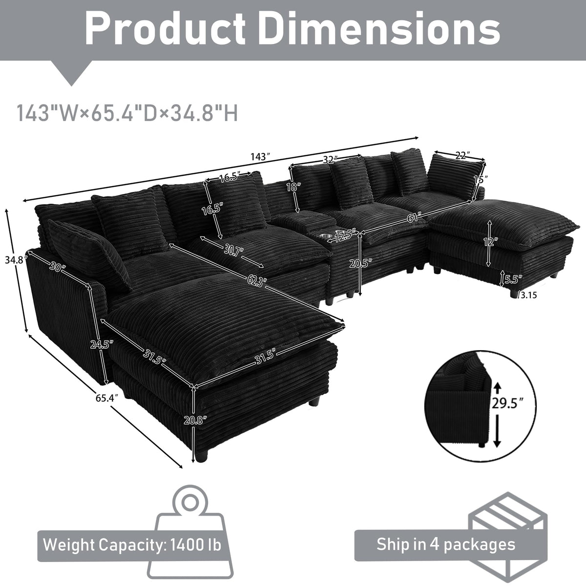 ONEMMLION 143" Oversized U-Shaped Cloud Sectional Sofa, Black