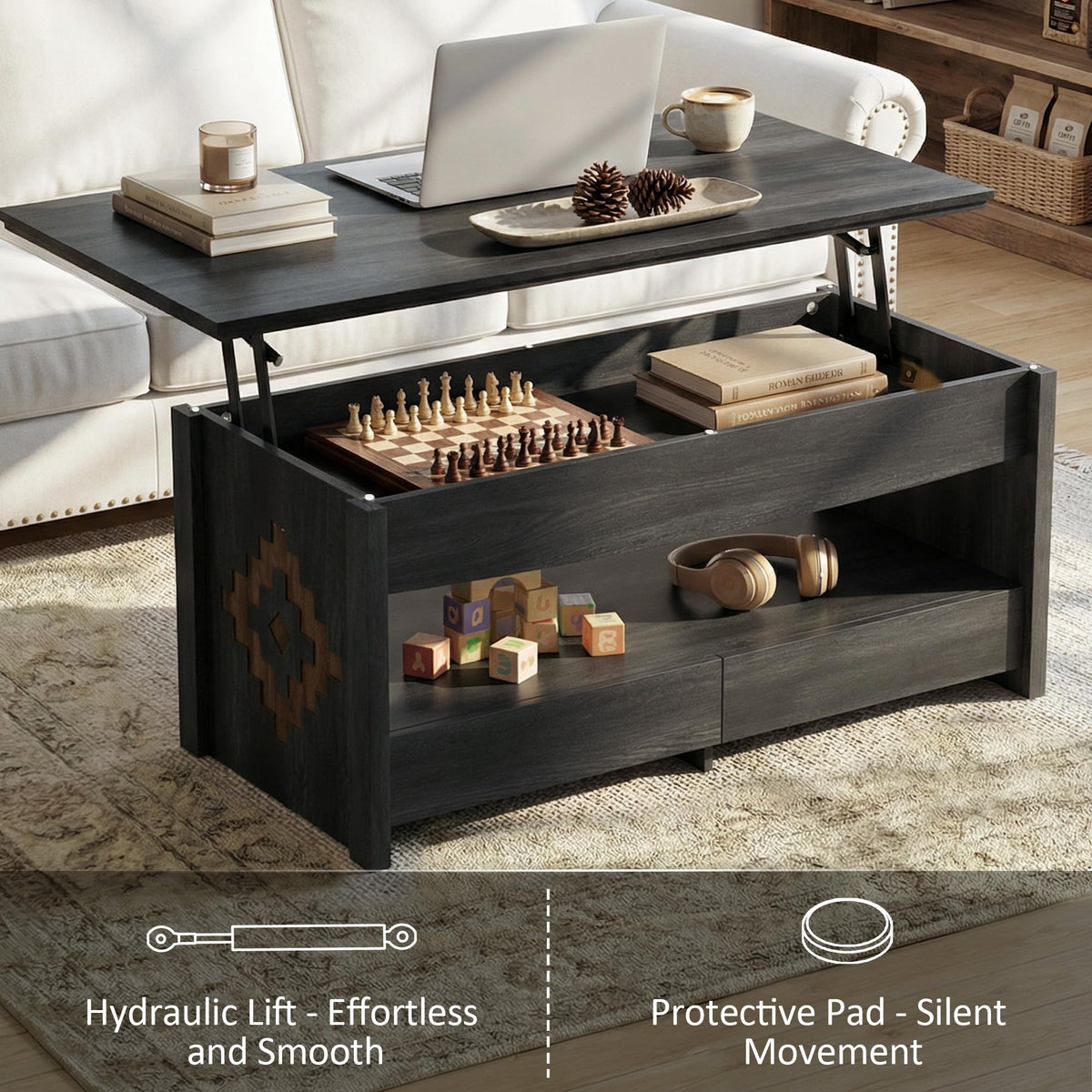 nesture. 41" Coffee Tables for Living Room, Lift Top Coffee Table with 2 Drawers and 1 Hidden Compartment,1 Open Shelf,Global Style with Wooden Lift Tabletop,Black