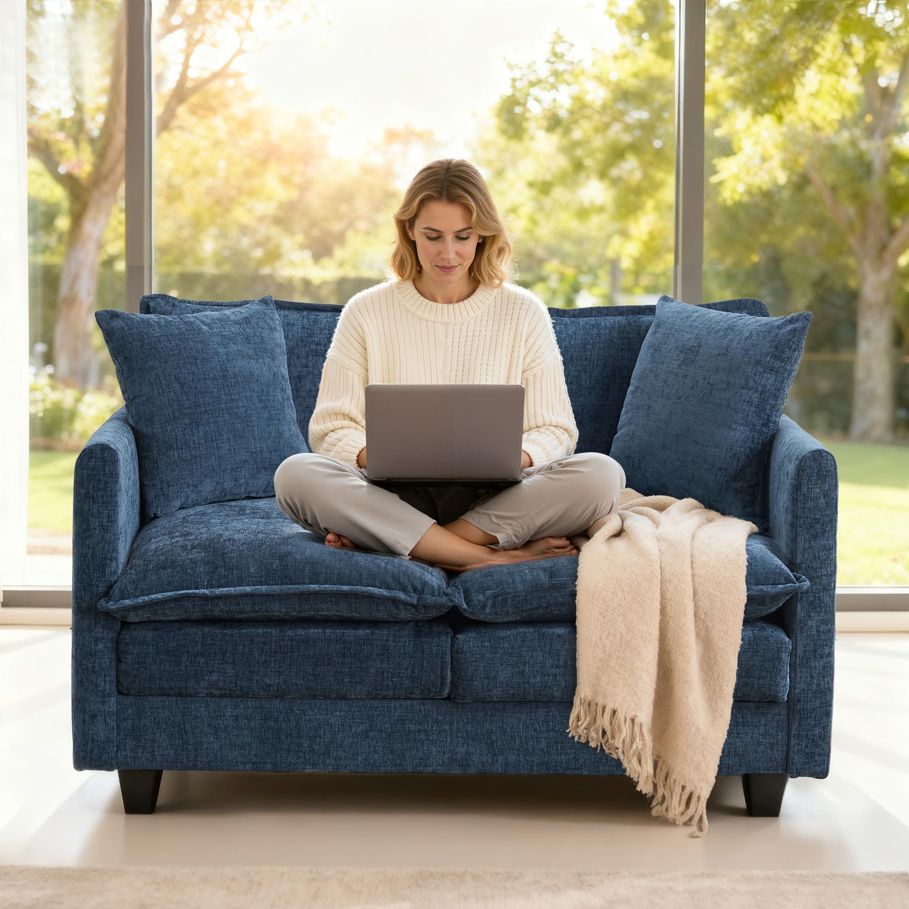 MUDANT Loveseat Sofa Cloud Sofa Couch 50'', Modern Loveseats 2 Seat Couch 27" Deep Seat with 2 Pillows for Small Spaces Apartment Studio Office Bedroom Living Room 8834-BLUE
