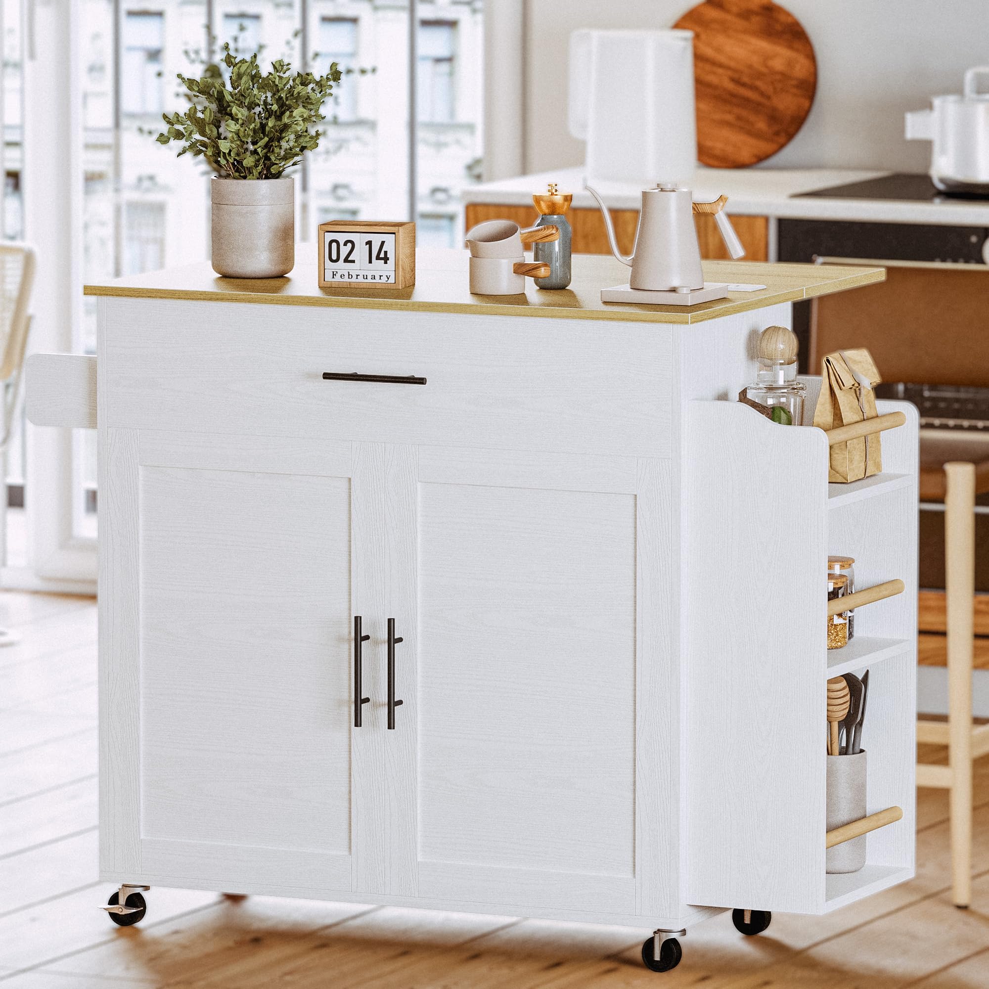 Kitchen Island with Storage & Drop Leaf on Wheels